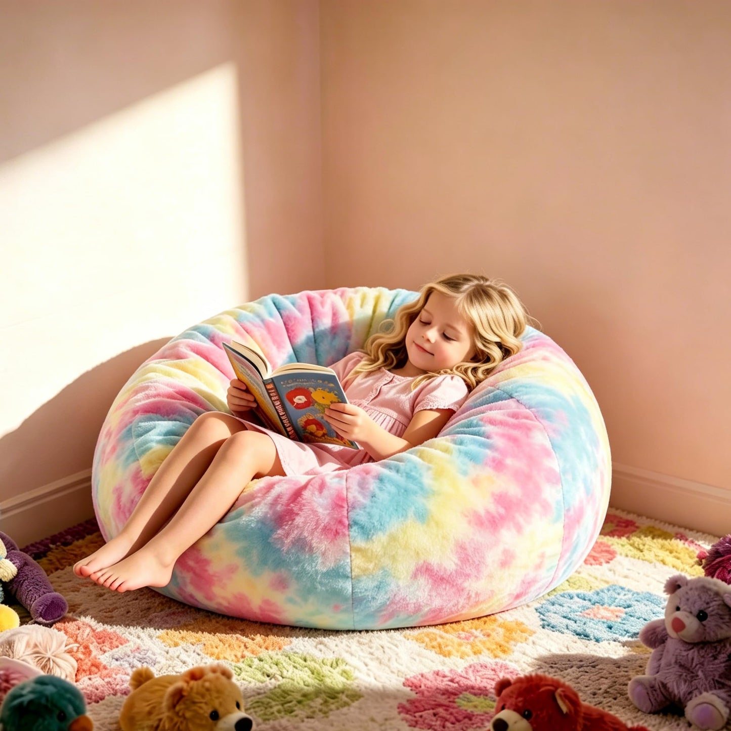 Modern Soft Fluffy Bean Bag Chair With Faux Rabbit Fur Cover, Memory Foam Bean Bag Chairs For Kids Teens, Furry Fuzzy Faux Fur Fabric Beanbag, Round Rainbow Plush Sofa For Bedroom, Living Room, Dorm