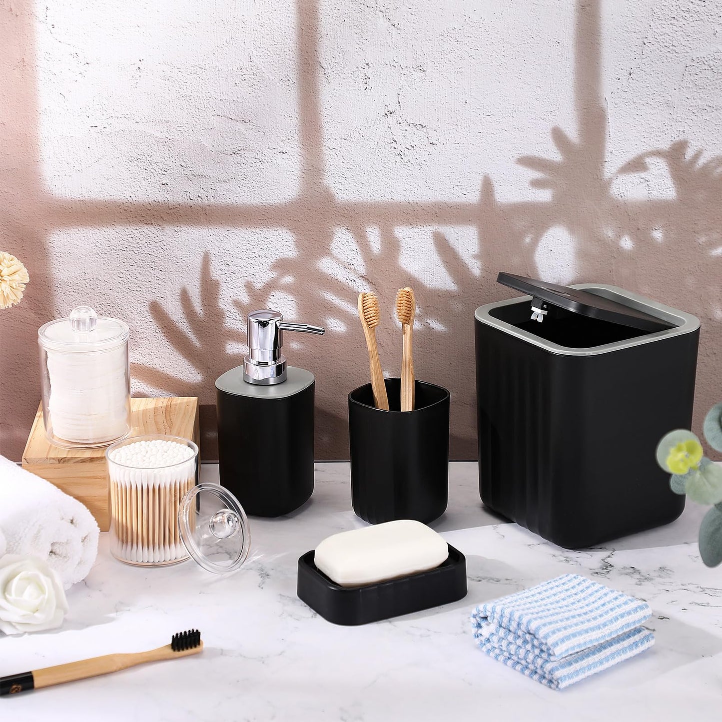Hosuly 9 Pcs Bathroom Accessory Set Shower Curtain Set, Black