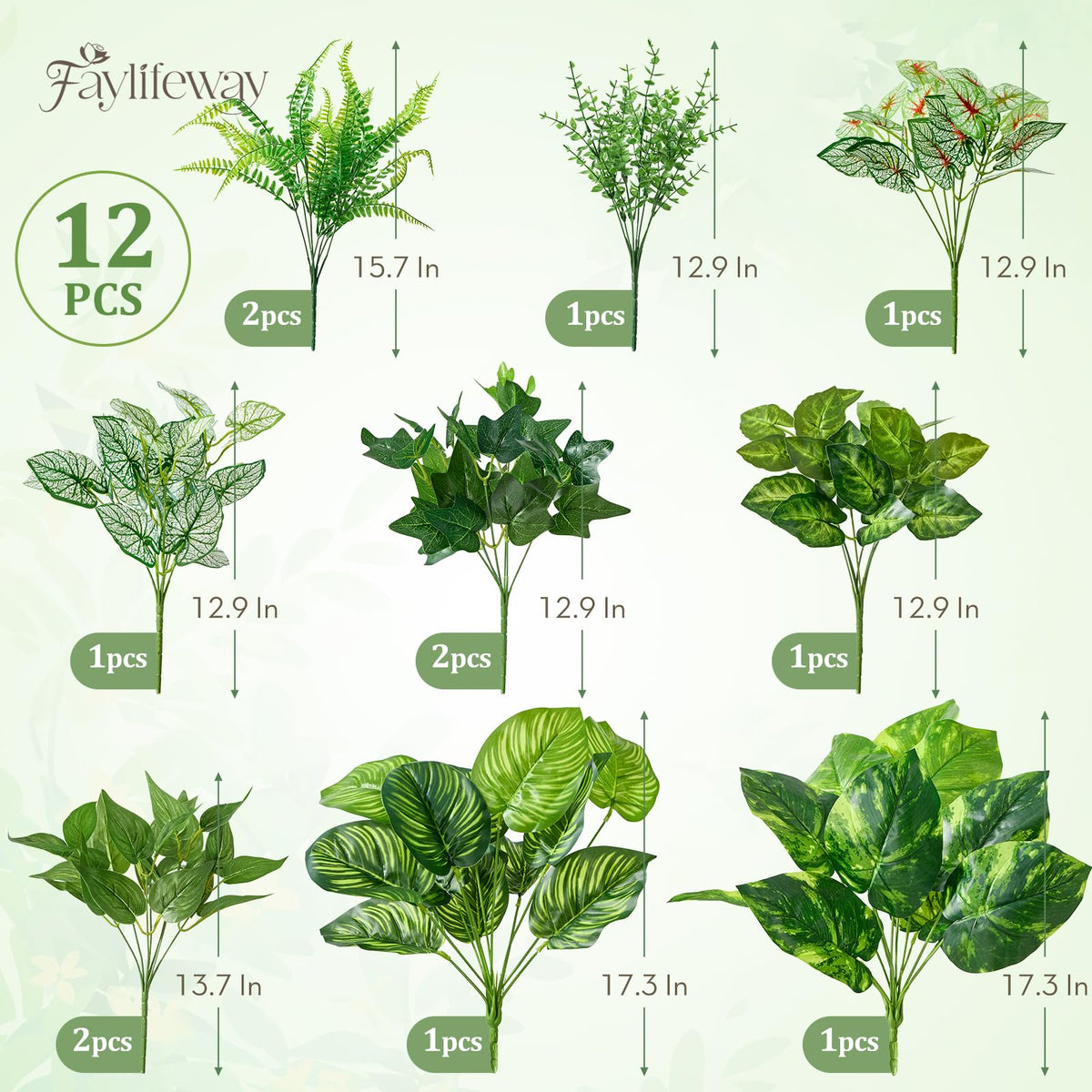 Faylifeway 12 Bundles Artificial Plants Outdoor, UV Resistant Greenery
