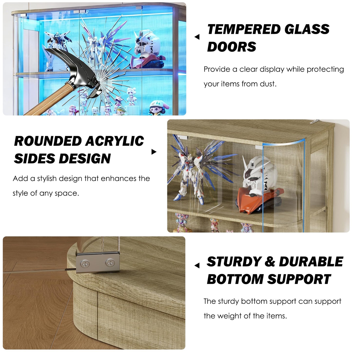 PAKASEPT 47.2" Large Rounded Display Cabinet with Glass Doors, 4-Tier Curio Cabinet Storage Case with LED Lights & Press-to-Open Doors, Modern Display Shelf for Collectible,Human Body Sensor (2)