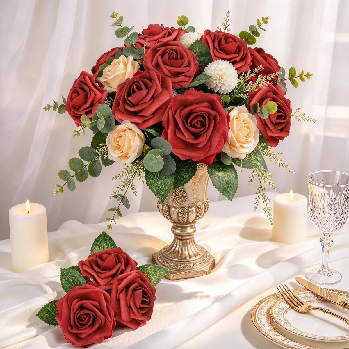 AmyHomie Dark Red Rose 25pcs Real Looking Artificial Flowers w/Stem