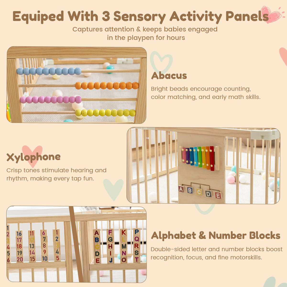 GGF Wooden Baby Playpen with 3 Montessori Toys, Foldable, 89 x 59 in