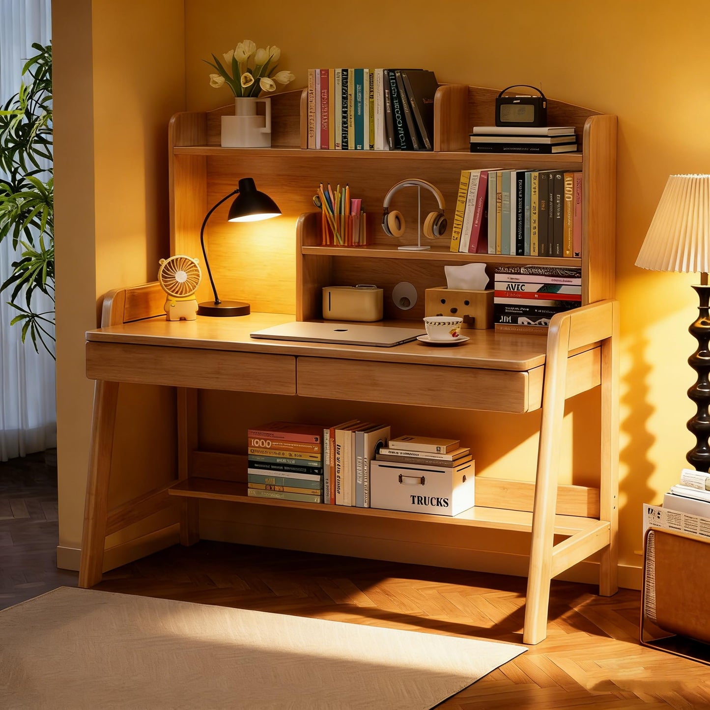 BHDJSE Kids Desk Wooden Childrens Study Desk with Bookshelf＆Two Drawers, Adjustable Kids Desk for Study＆Writing＆Computer＆Workstation, Nature