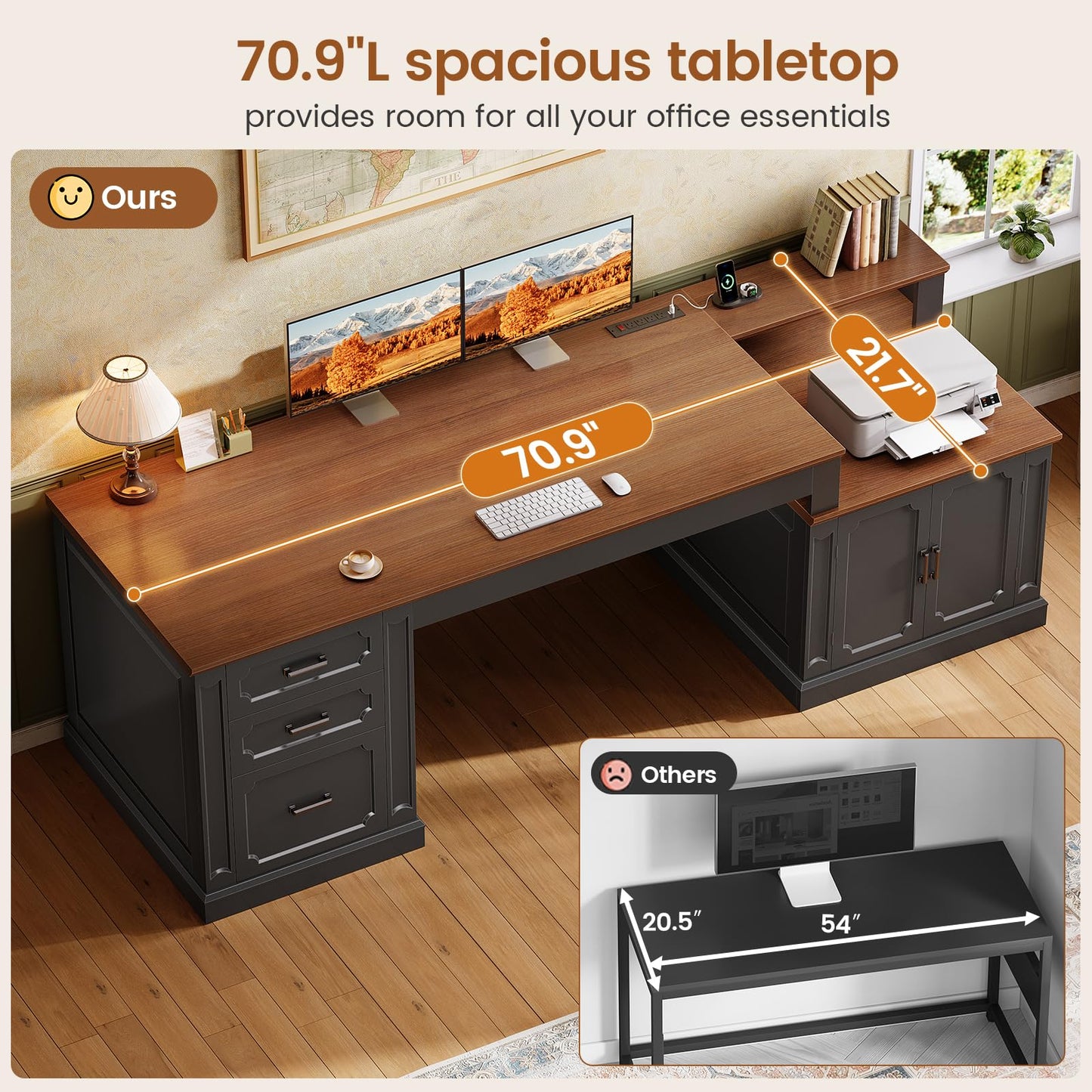 SEDETA Farmhouse 70.9" Executive Desk, Home Office Desk with File Drawers and Storage Cabinet, Computer Desk with Power Outlet for Home Office, Work Study Writing, Black+Brown