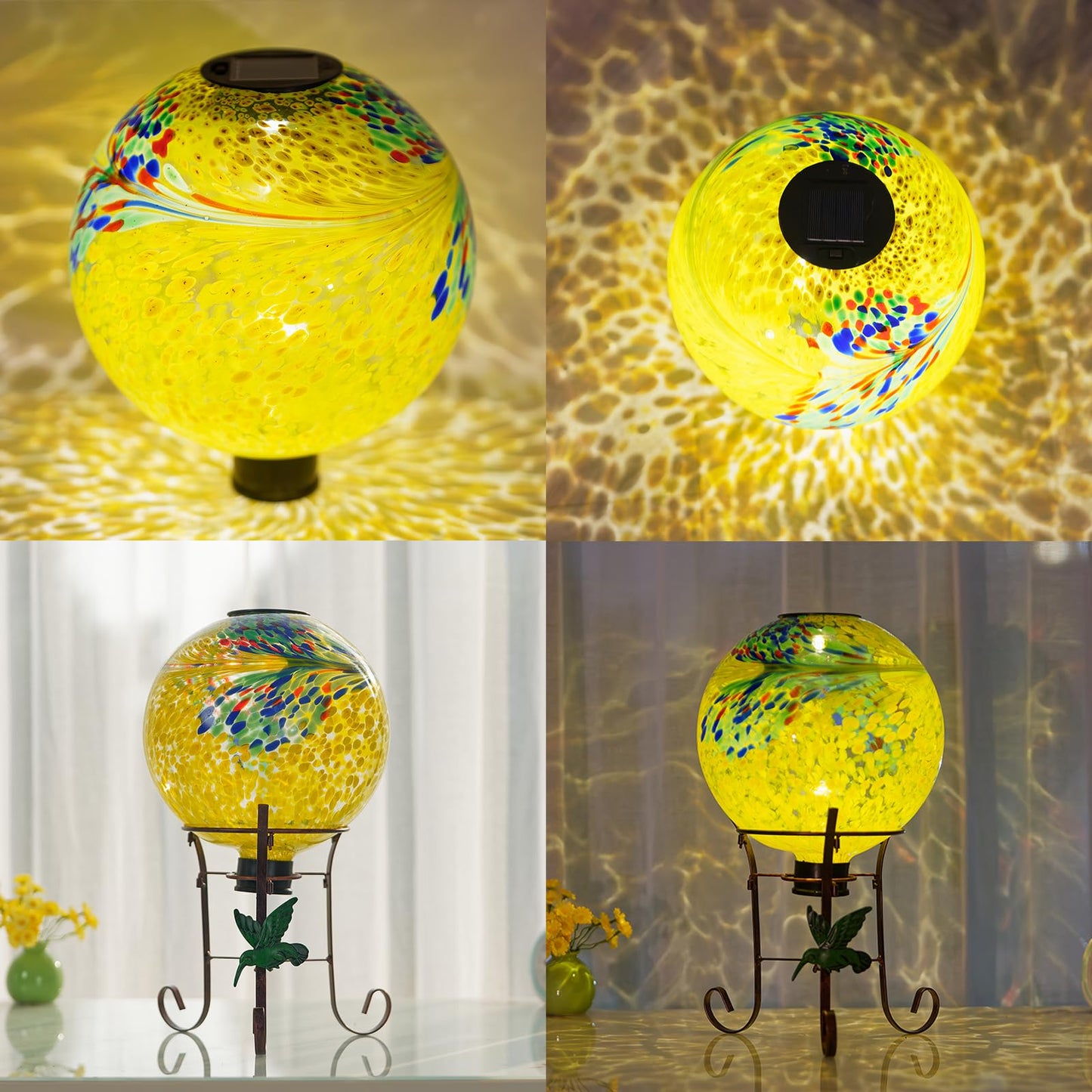 YELENEW 10" Diameter Solar Gazing Ball and 8.5" Metal Stand Indoor Outdoor Glass Globe Sphere Yard Art Ornament Solar Gazing Balls for Garden,Lawn,Porch,Patio Gardening Gift for Women(Yellow)