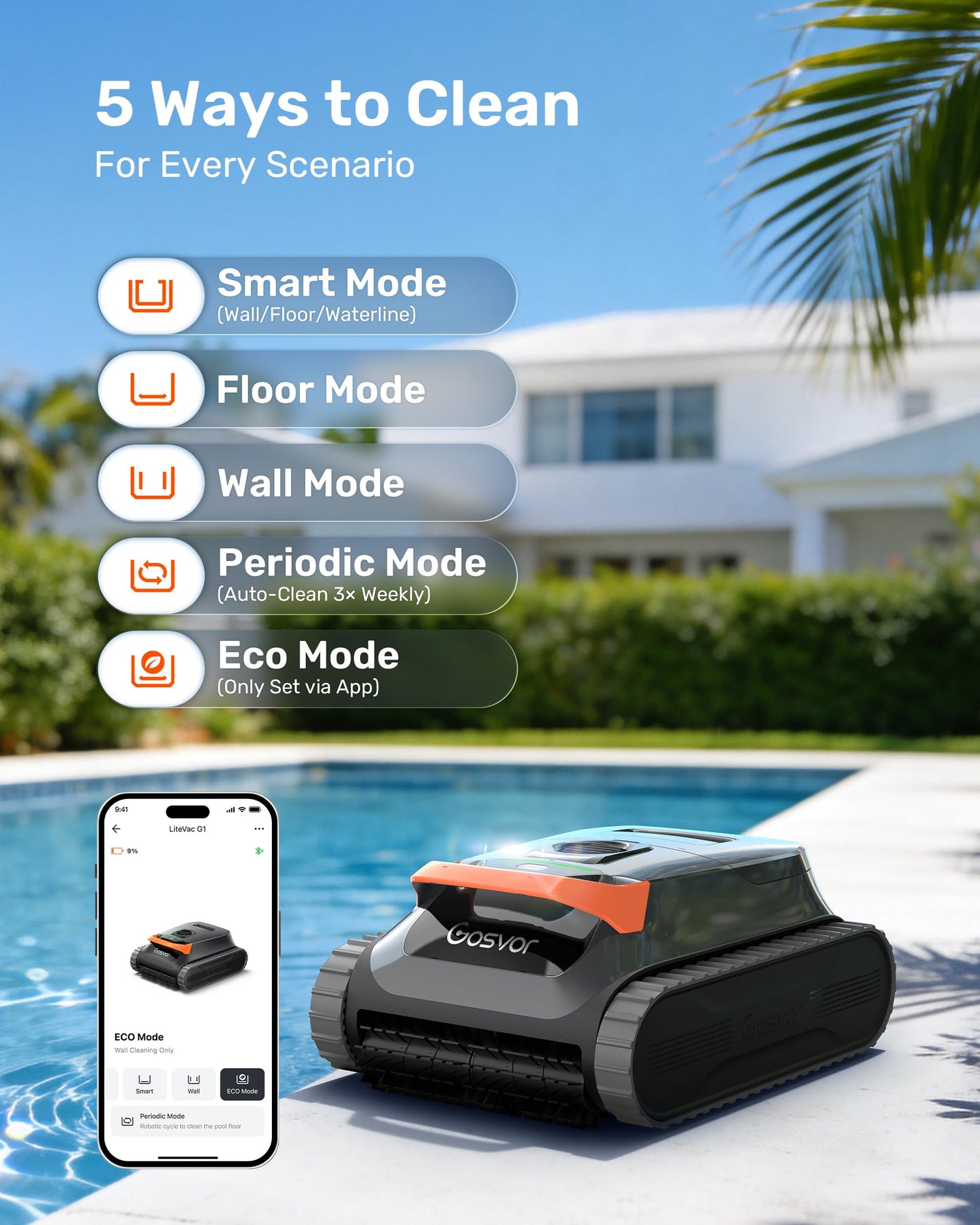 Gosvor LiteVac G1 Cordless Robotic Pool Cleaner for Inground Pools, Above Ground Pool Vacuum with 4-in-1 Wall & Waterline Scrubbing, Easy to Use, Up to 200-Min Runtime, Eco Mode, App Support, Orange