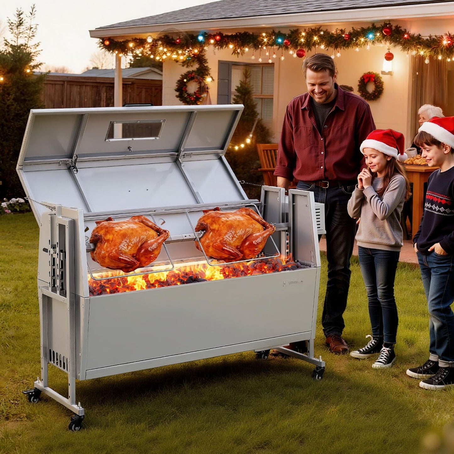 VEVOR Rotisserie Grill, 46in BBQ Outdoor Pig & Lamb Spit Roaster, Charcoal Spit Roaster with 132 LBS Capacity, Wheels & 4-Level Height, Stainless Steel Rotisserie Grill Kit for Camping Outdoor Parties