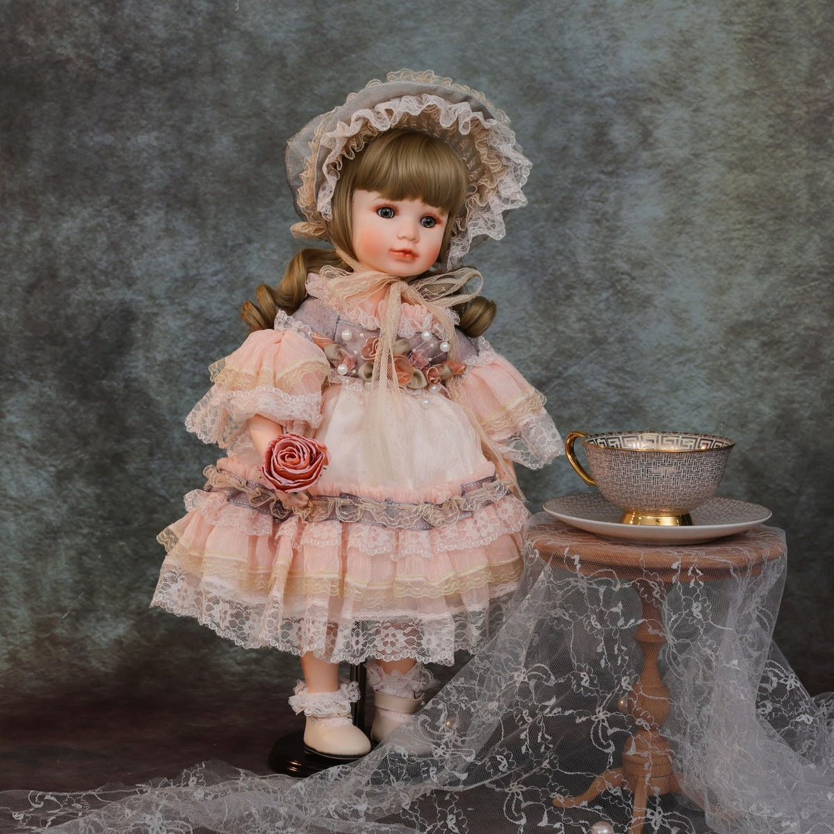 Cloveray 18 Inch Kawaii Porcelain ＆ Fabric Doll Cute European Retro Handmade Ceramic Doll with Showing Stand for Room Decor, Birthday Gifts, Collectible ，Name Olivier (Pink)