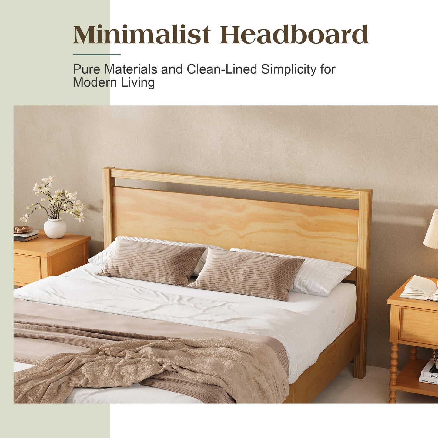 AMERLIFE King Size Solid Wood Bed Frame with Headboard, Minimalist Platform Bed with Wooden Slats Support/No Box Spring Needed/Easy Assembly, Natural