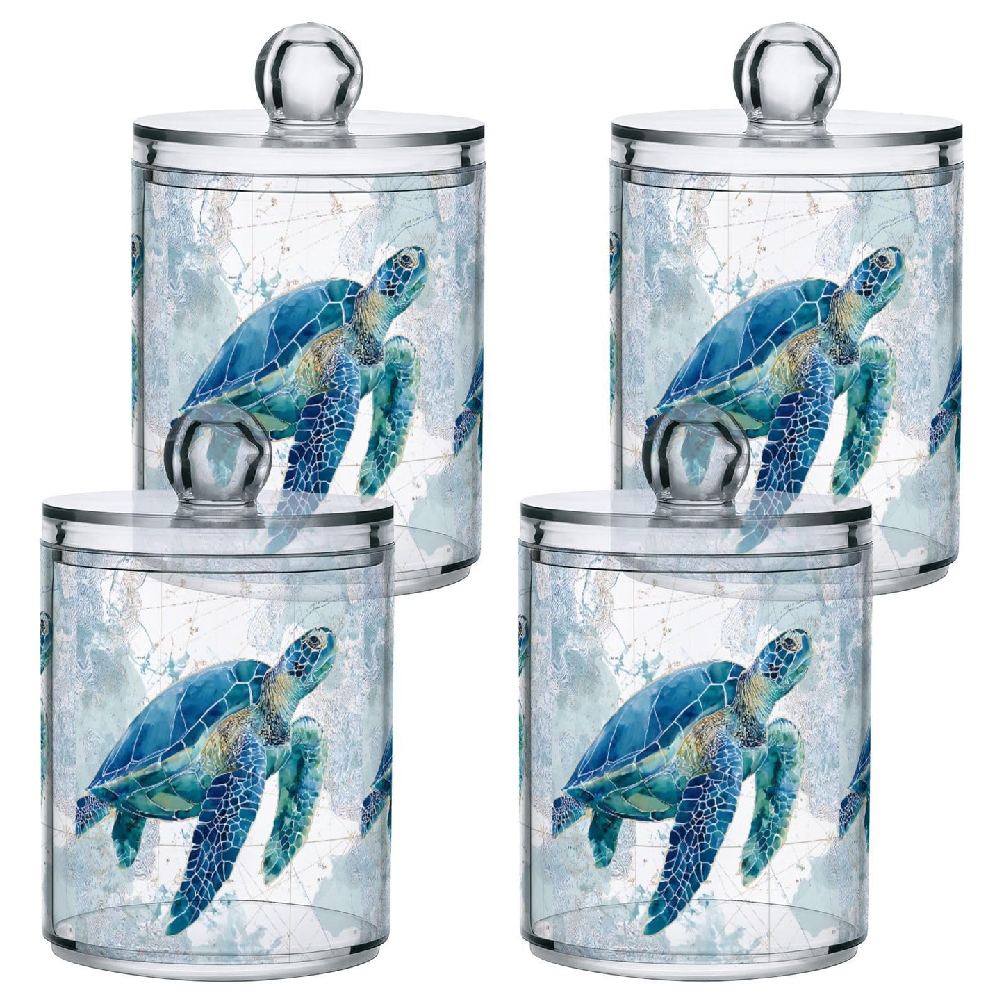 xmycdz 2 Pack Sea Turtle Pattern Apothecary Jars with Lid, 10 Oz Clear Plastic Apothecary Jar Set Qtip Holder Storage Containers for Cotton Ball Swabs Bathroom Vanity