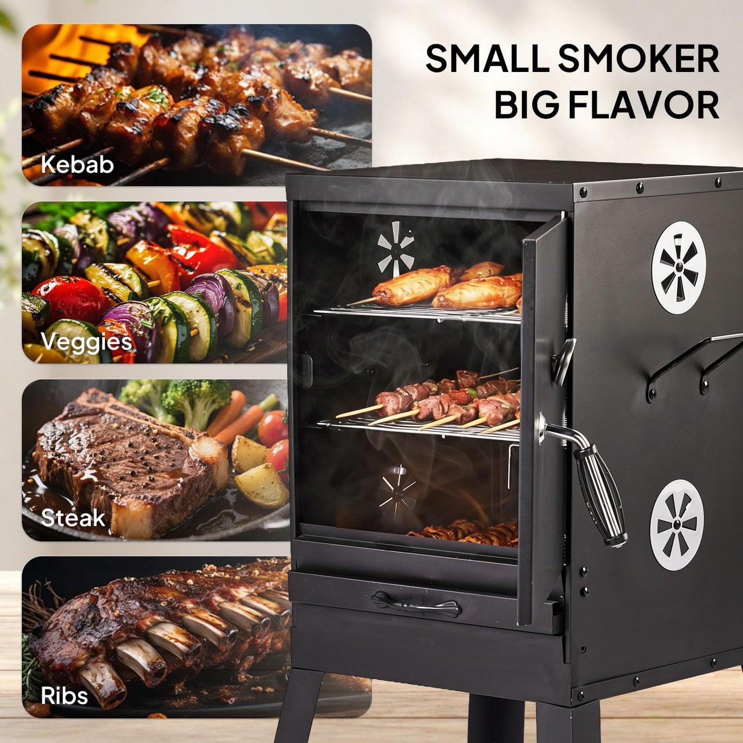 ROVSUN 2-in-1 Outdoor Smoker, Vertical Portable Charcoal Grill Smoker with Two Detachable Grill Smoking Racks and Charcoal Pan, Perfect for Camping Barbecue, Small Families, Black