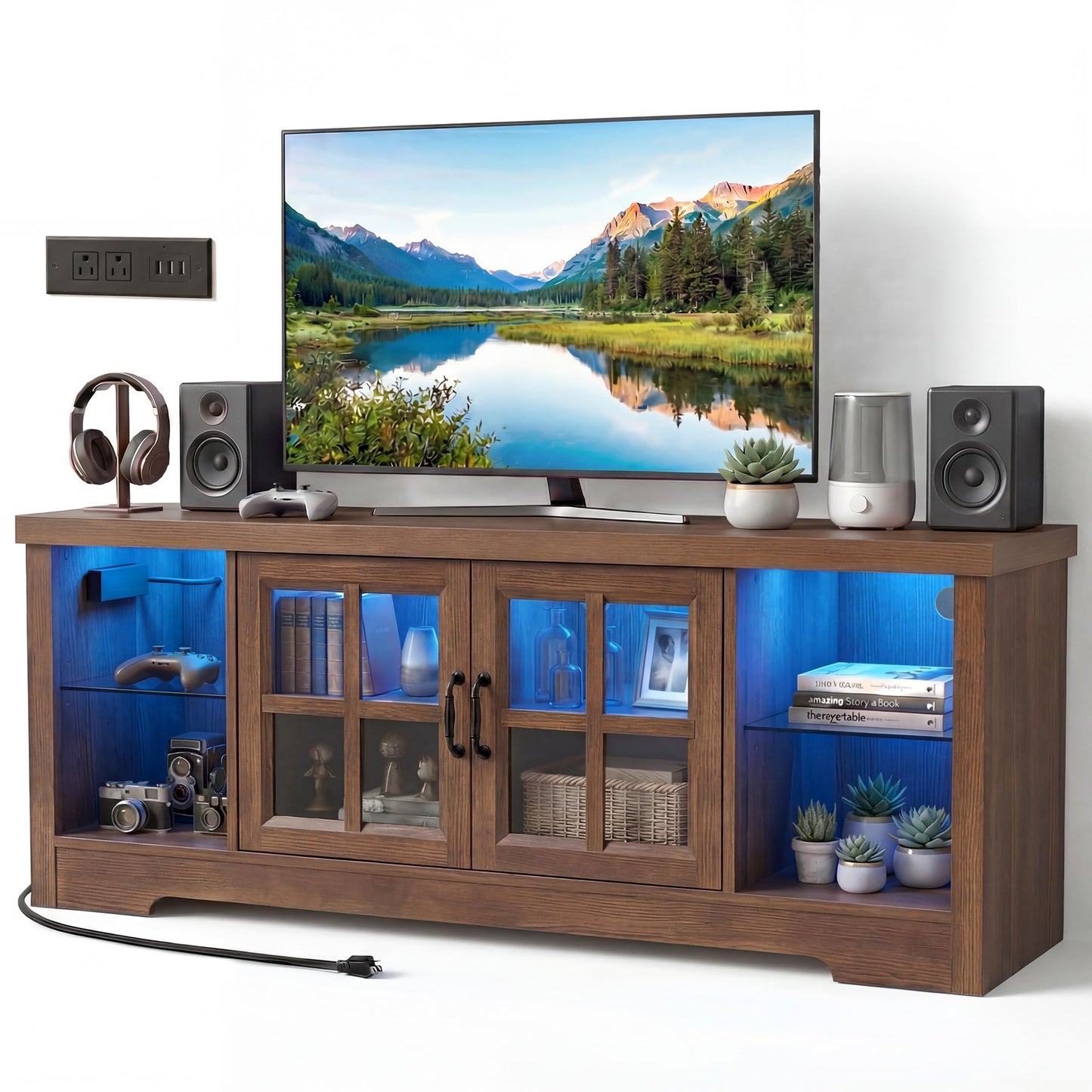 Foxemart LED TV Stands, 55 Inch Farmhouse Television Stand with Charging Station & Adjustable Shelf, Wood Entertainment Center for 60 Inch TV, Display TV Console Table for Living Room/Bedroom