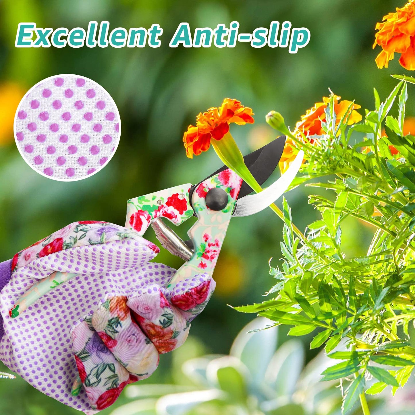 JUMPHIGH 4 Pairs Garden Gloves for Women, Floral with Non-Slip PVC Dots, Ladies Soft Breathable Yard Work Light Working Gloves, Elastic Knit Wrist, Large