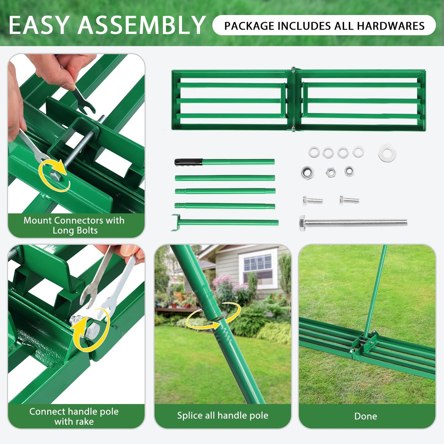 VINGLI Iron Lawn Leveling Rake 36in for Soil Sand Composs, Extended Handle, 180°Rotation Head, with All Handwares, for Yard Garden Golf Field, Green (36in)