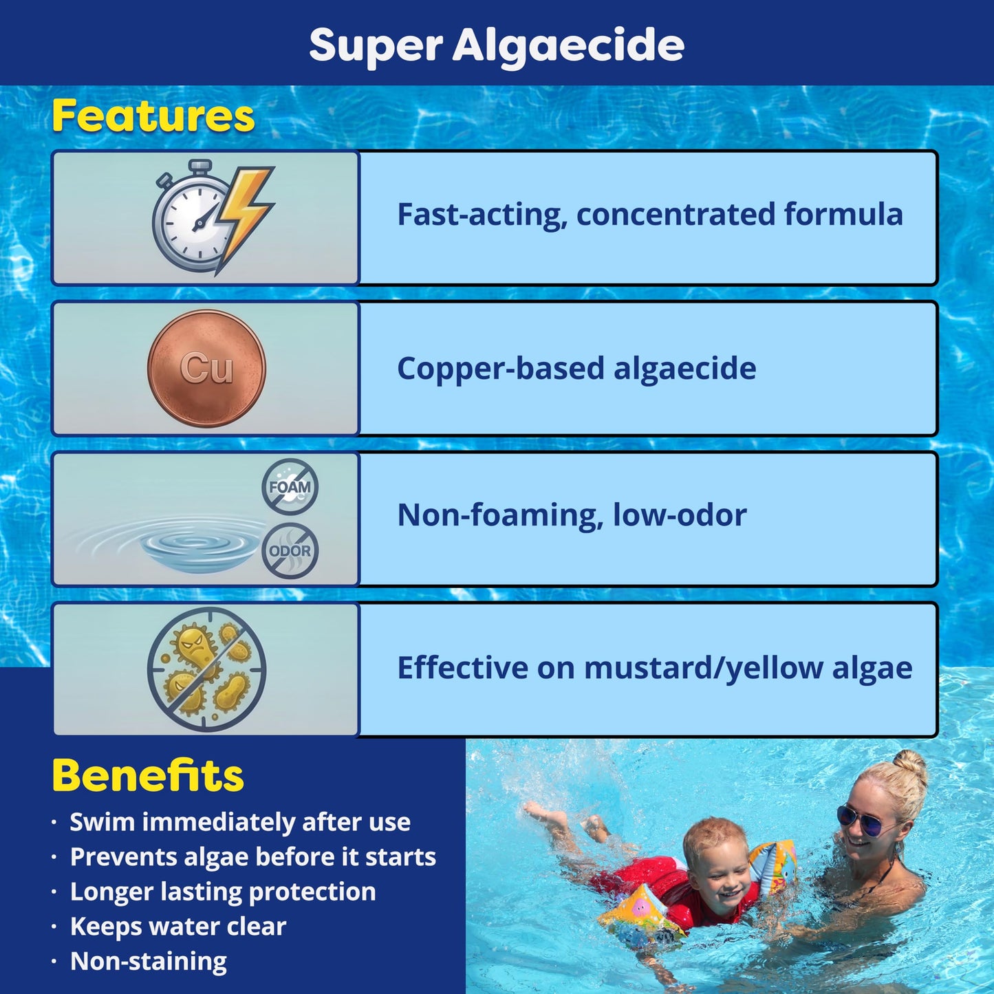In The Swim Super Algaecide for Above Ground or Inground Swimming Pools – Low Odor, Non-Foaming Preventative for Yellow/Mustard Algae in Swimming Pools - 7.1% Chelated Copper – 1 Quart