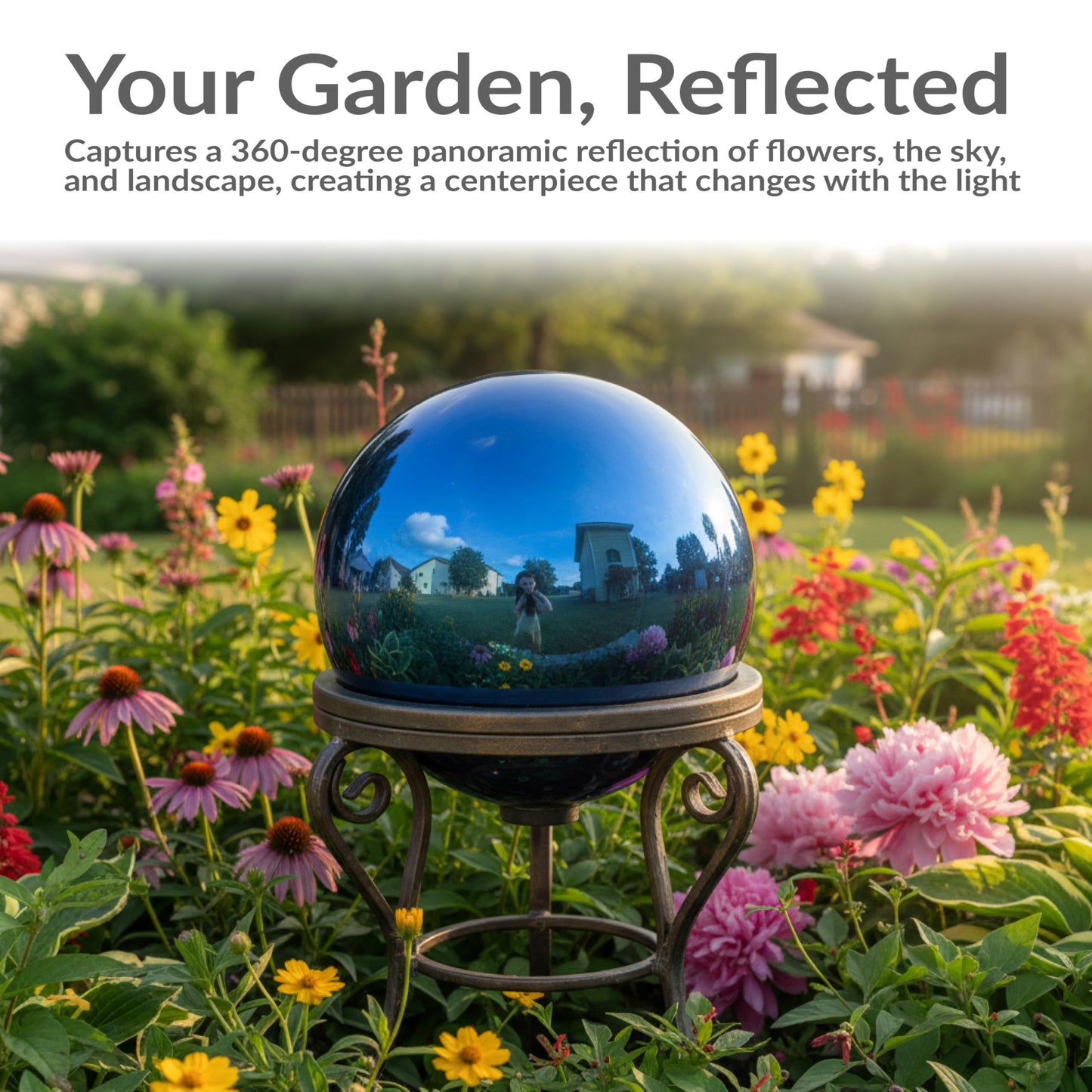 Sunnydaze 10-Inch Handblown Mirrored Glass Gazing Ball - Reflective Outdoor Garden Globe Sphere for Yard, Patio, Flower Bed, Walkway, and Landscape Decor - Blue Stainless Steel Finish
