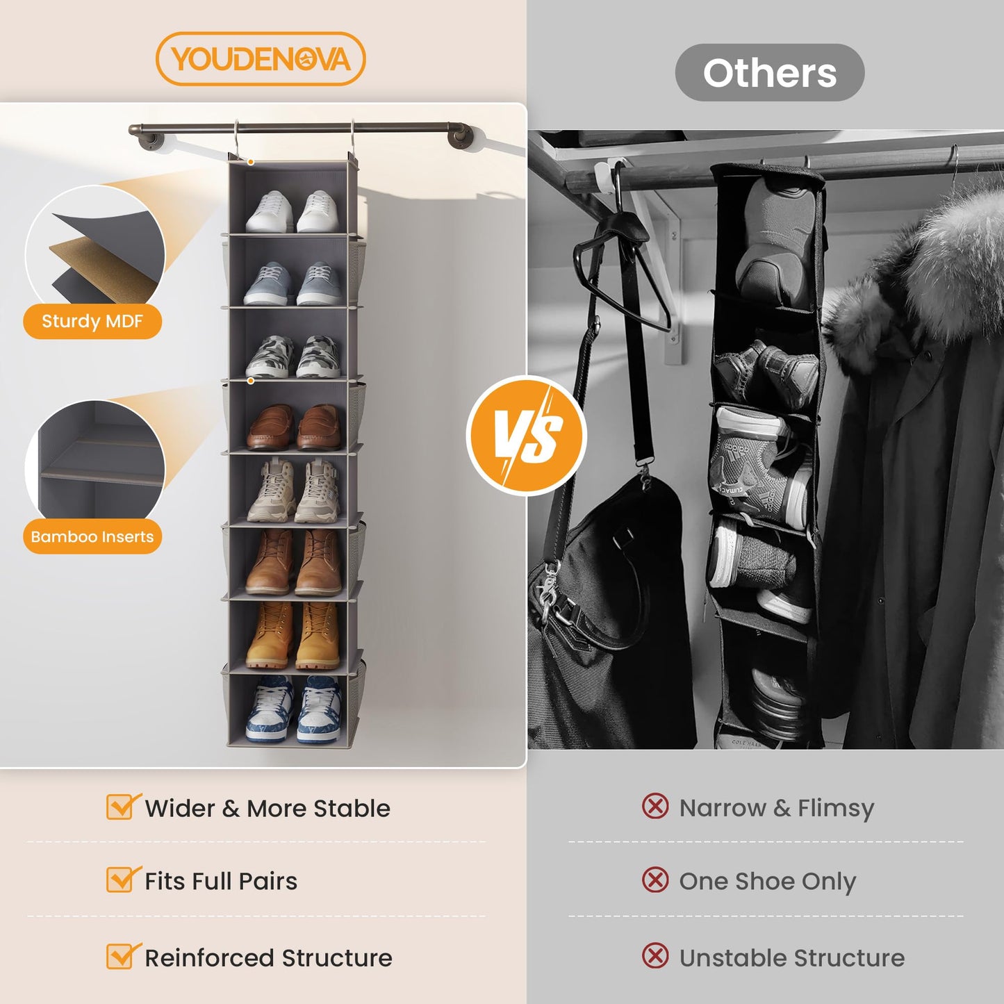 YOUDENOVA Upgraded Extra Wide Hanging Shoe Organizer for Closet, 8-Shelf Storage Organizer with 8 Side Pockets, Hanging Shoe Rack for Hats Clothes Jeans, Grey