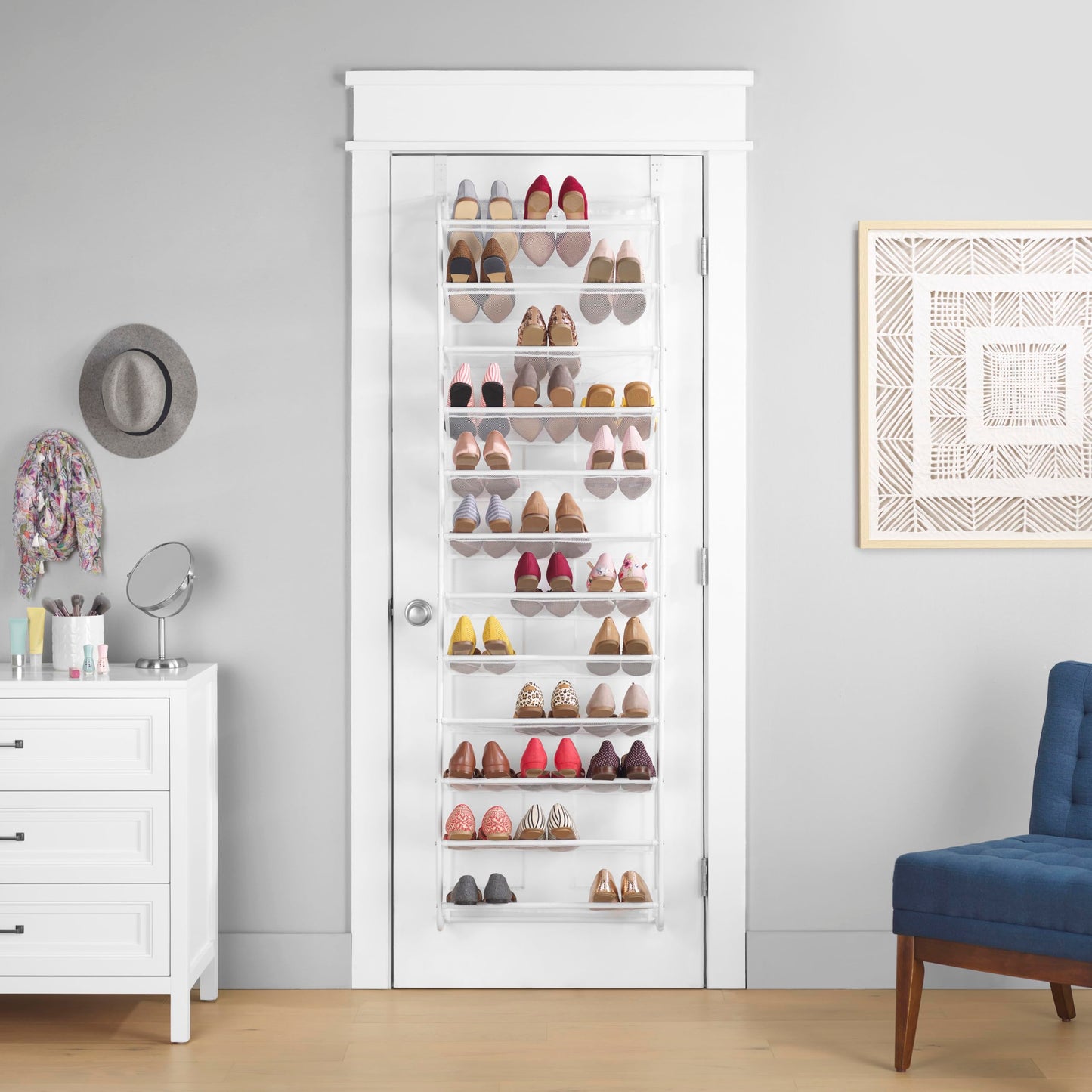 Whitmor 36 Pair Over The Door Shoe Organizer, 12 Tier Hanging Shoe Organizer, Heavy Duty Metal & Mesh Shoe Holder, Hanging Shoe Rack for Closet Organizer & Storage, 69"L x 21.7"W x 7.5"H, White