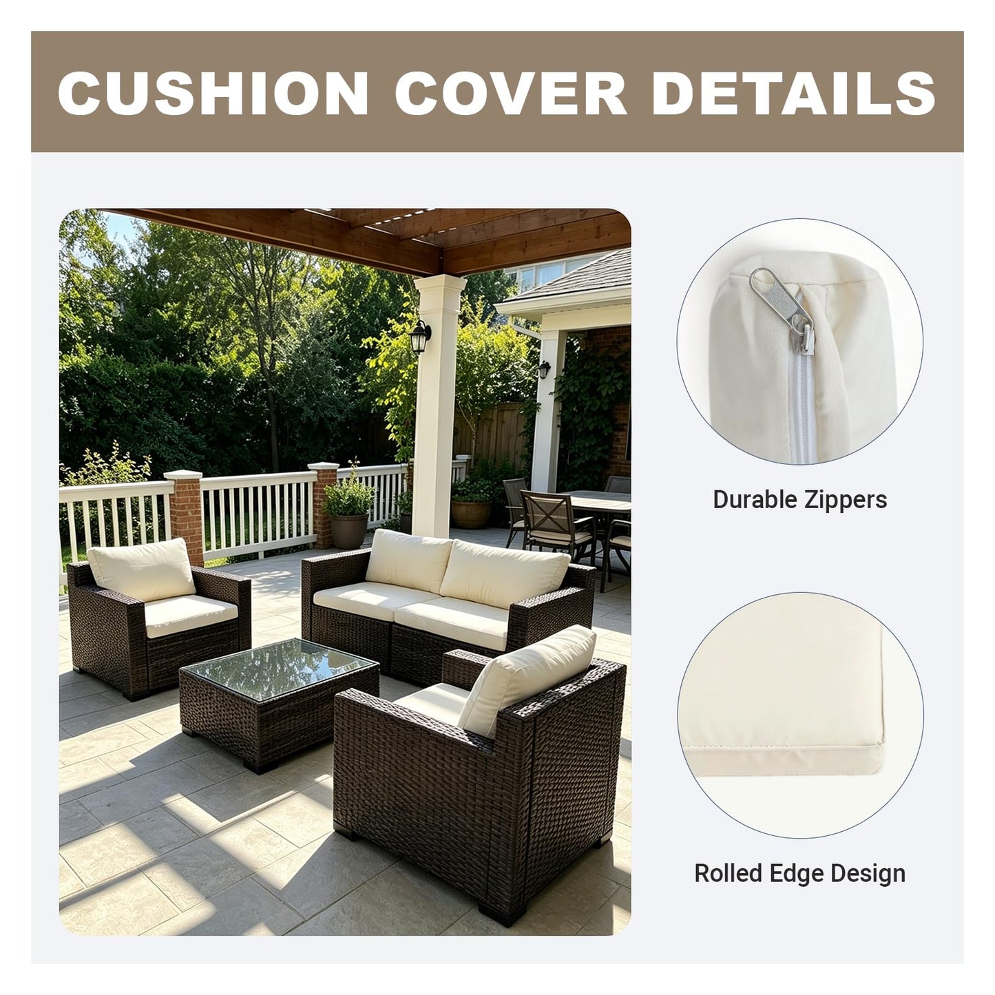 Loungewave 8Pcs Outdoor Cushion Covers, Patio Cushion Covers Replacement for Patio Furniture Sofa Couch, Soft Flexibility Washable Reusable Furniture Protector (Beige,Cover Only)