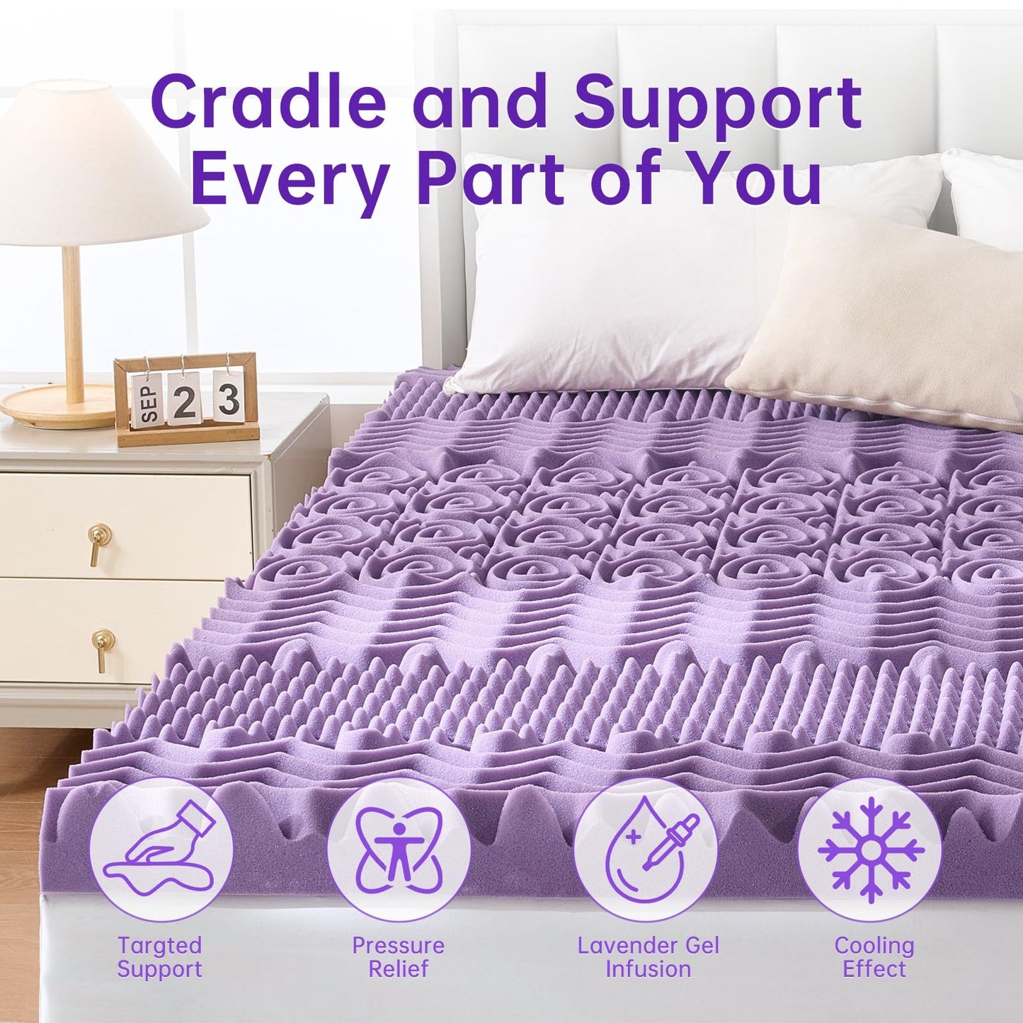 MUXHOMO 3 Inch Full Size Mattress Topper, 7-Zone Cooling Gel Infused Mattress Topper, Egg Crate Memory Foam Bed Pad, CertiPUR-US and Oeko-TEX Certification (54"×75", Lavender)