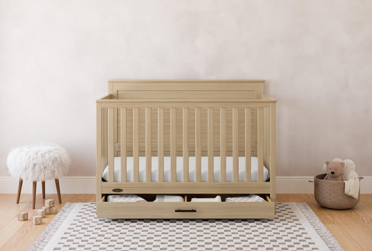 Graco Tristan 5-in-1 Convertible Crib with Drawer (Driftwood) – GREENGUARD Gold Certified, Fits Standard Crib Mattress, Premium Handle, Converts to Toddler Bed, Daybed, and Full-Size Bed