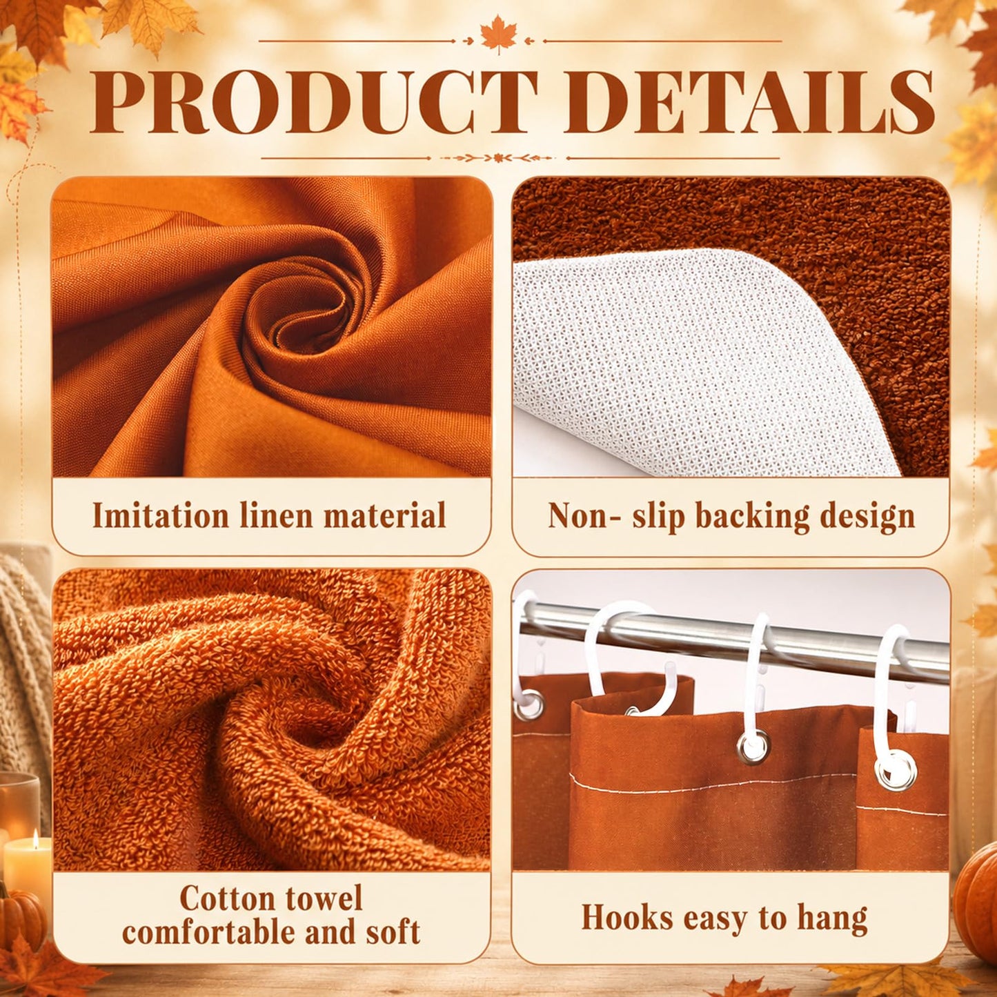 Frienda 5 Pcs Fall Bathroom Decor Rust Orange Fall Shower Curtain Set with Rugs and Hand Towels Autumn Bathroom Set with Hooks Non Slip Microfiber Bath Mats for Thanksgiving Home Apartment Dorm
