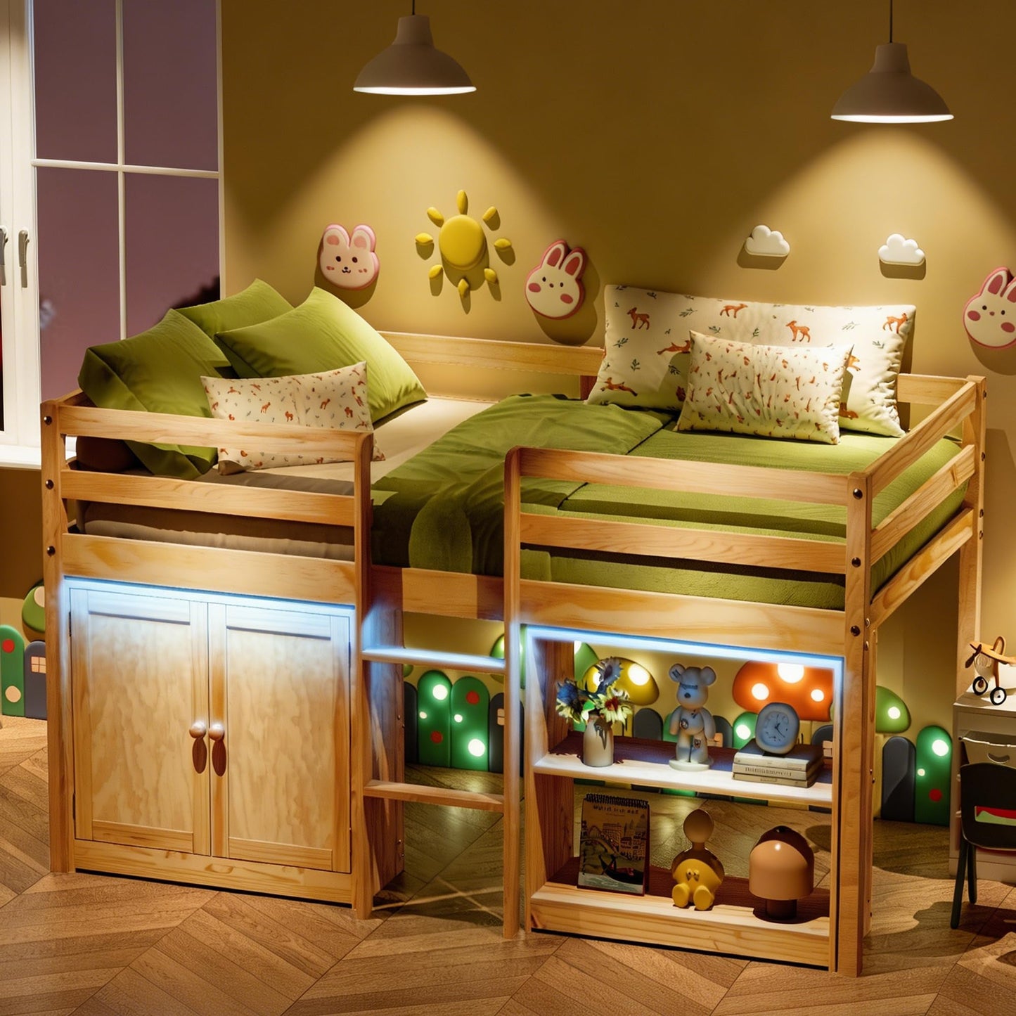 TOLEAD Wood Low Loft Bed Twin Size with Storage Cabinet, Shelf and LED Lights, Wooden Kids Loft Bed with 14" H Safety Guardrail, Ladder and Under-Bed Play Space, Natural Wood