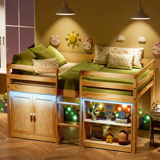 TOLEAD Wood Low Loft Bed Twin Size with Storage Cabinet, Shelf and LED Lights, Wooden Kids Loft Bed with 14" H Safety Guardrail, Ladder and Under-Bed Play Space, Natural Wood