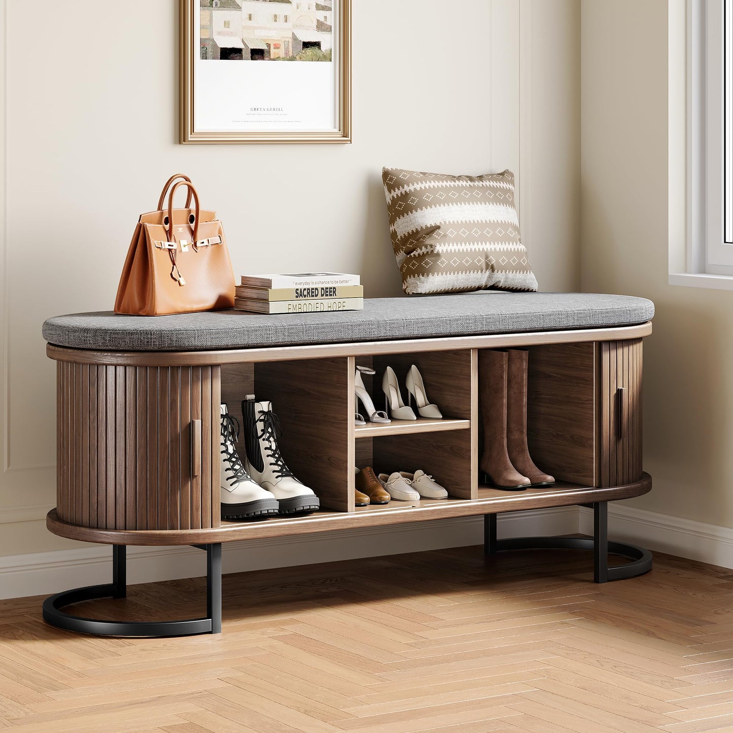 Decofy Storage Bench with Cushion and Sliding Doors, 47.2 Inch Large Entryway Shoe Bench with Sturdy Metal Feet, Multi-Functional for Entrance Hall, Bedroom, Living Room (Walnut)