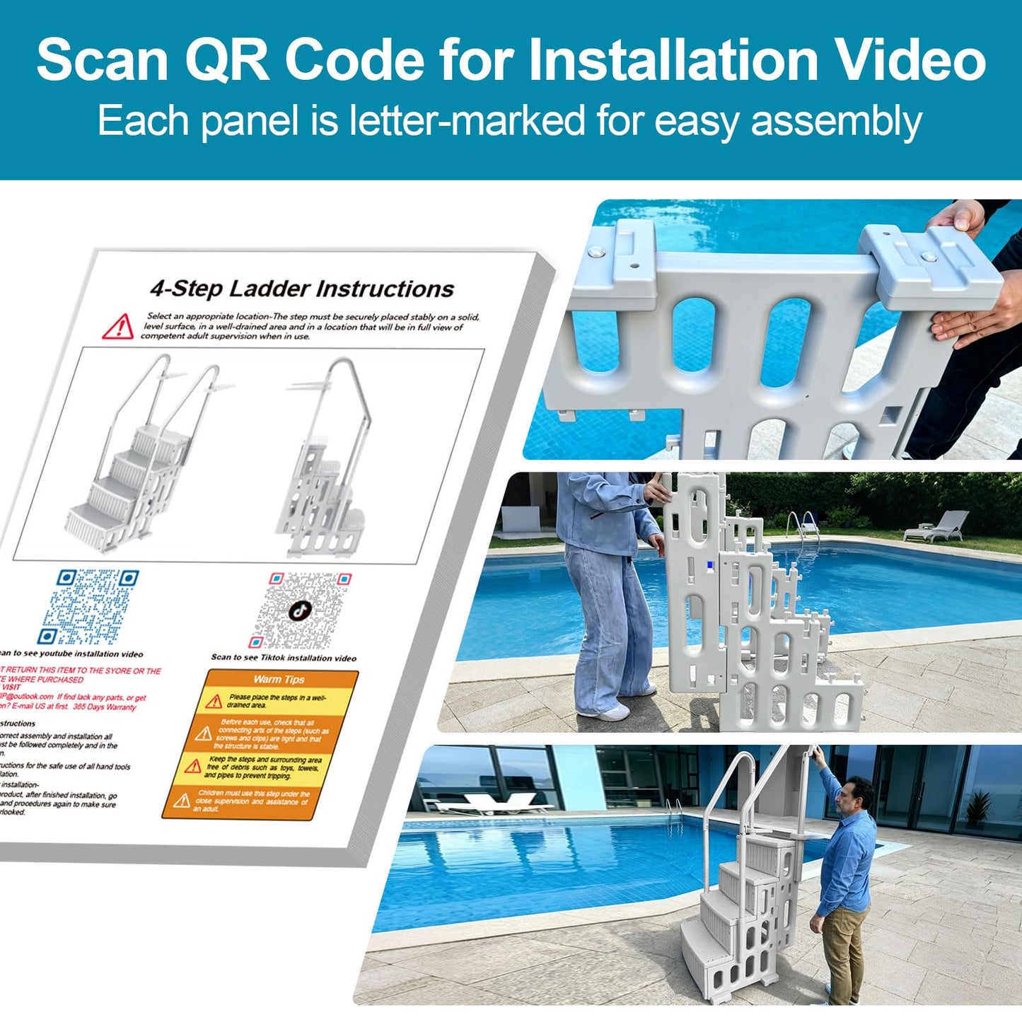 ROMIVO Pool Steps Above Ground with Handrails, 4-Step Above Ground Pool Ladder for 48"–56" Pools, Water-Fill Design, Anti-Slip Wide Treads, Video-Guided Easy Setup, Family Pool Entry Stairs