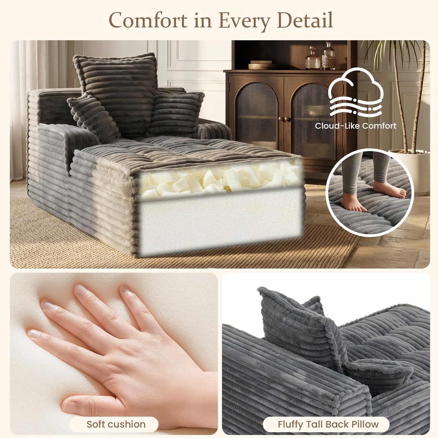 feliz home Boneless Chaise Lounge Couch Indoor, Small Corduroy Upholstered Sleeper Sofa Bed Reading Chairs with 3 Pillows, Fluffy Comfy Cloud Sofas Couches, Compression Boneless Sofa for Small Corner
