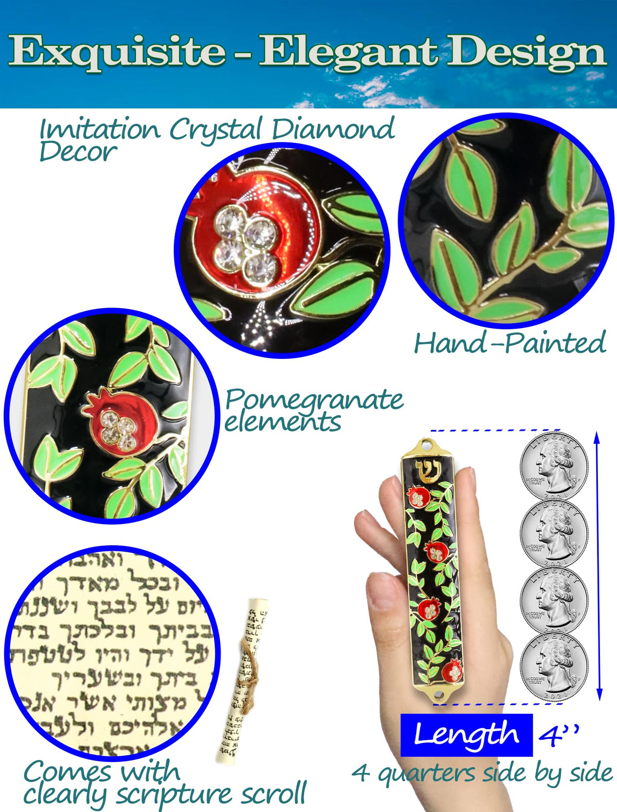 Zivosely Enamel Mezuzah with Scroll for Door, Easy 2-Way Install, 4”