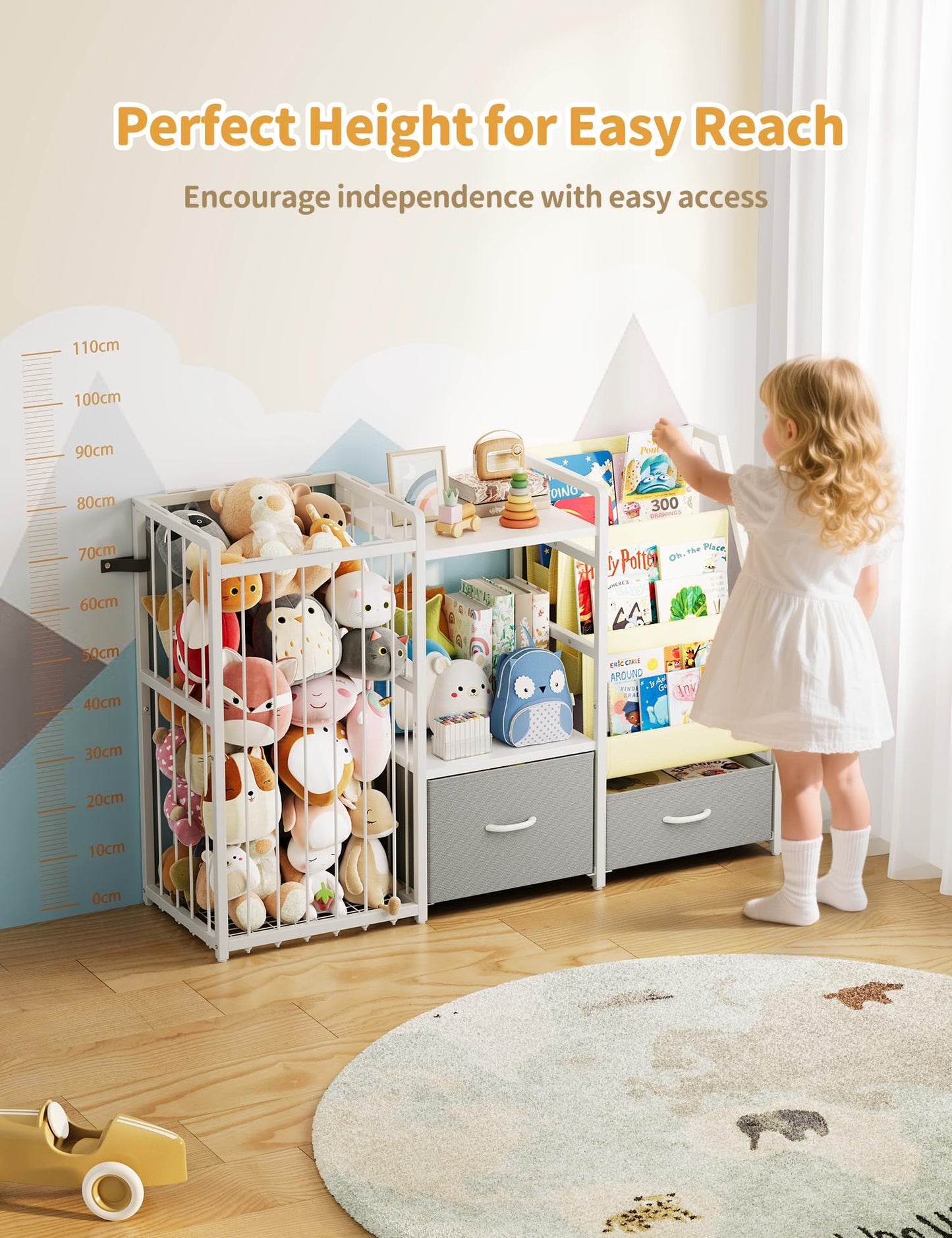 Kids Bookshelf and Toy Storage, Large 3 Tier Book Shelf for Kids Rooms, Sling Baby Bookcase with Stuffed Animal Storage, Toddler Montessori Bookshelf for Nursery, Playroom, Kindergarten