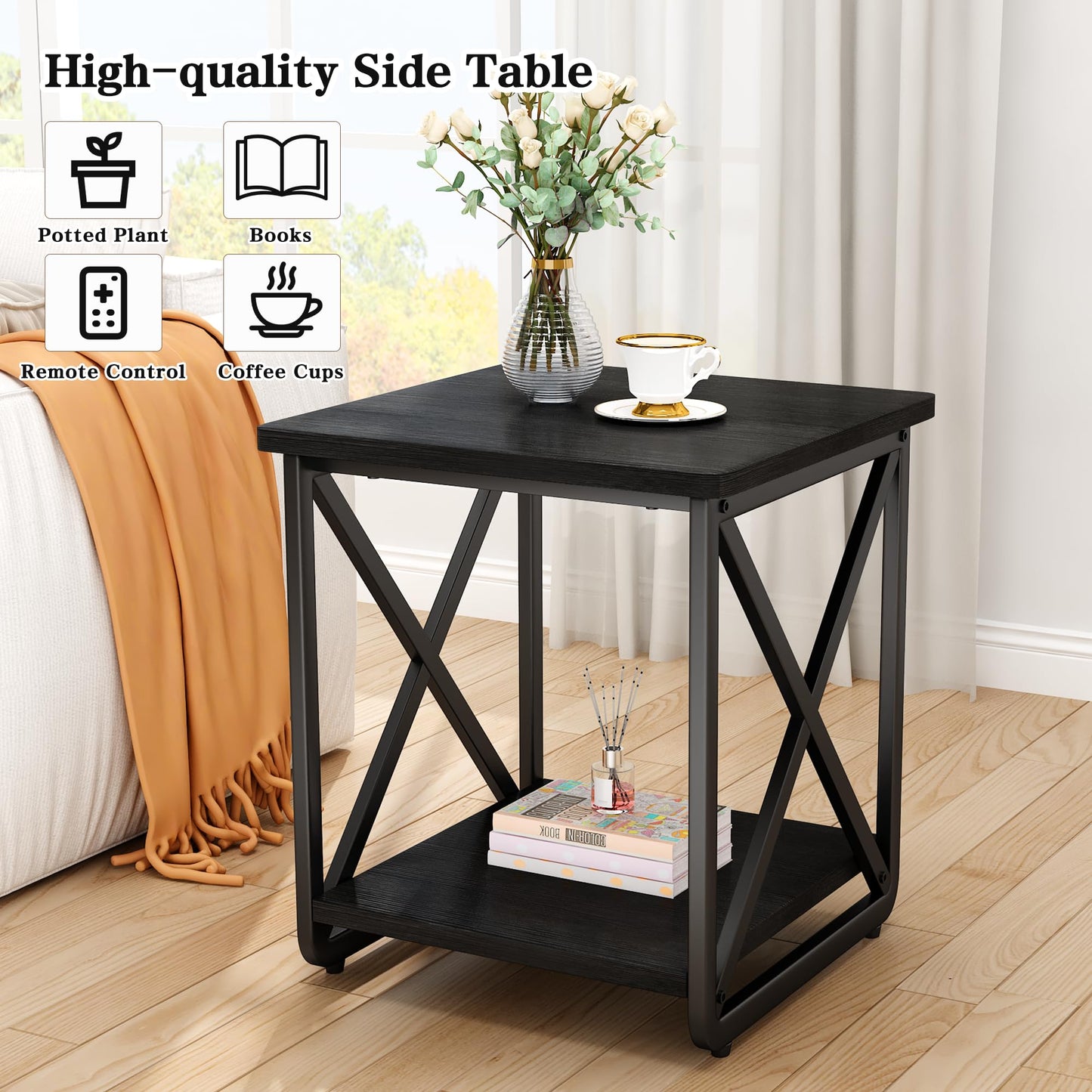DKLGG 3 Piece Coffee Table Set for Living Room with Fabric Drawers and Storage Shelves, Rustic Wood and Metal Frame, Industrial Farmhouse Table with 2 End Tables for Small Spaces, Apartment, Black