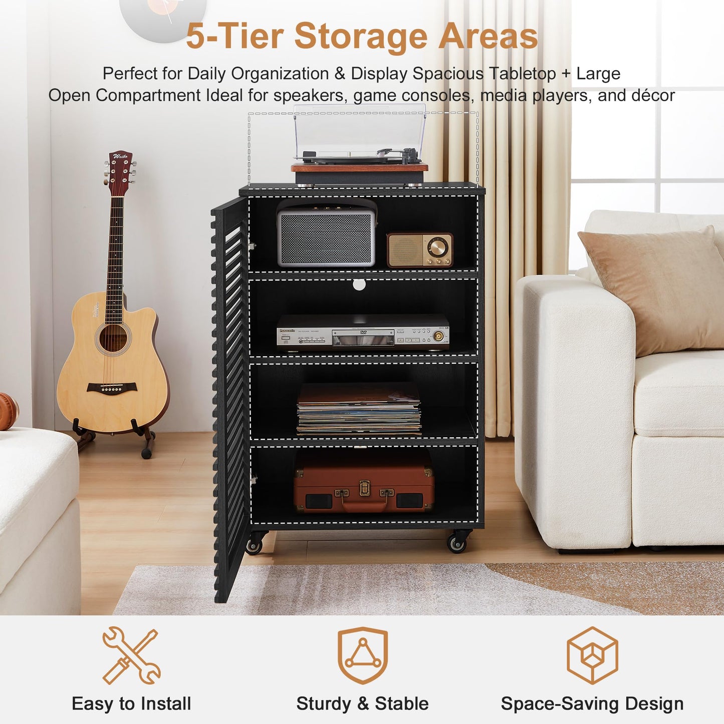LEVNARY 5-Tier AV Media Cabinet with Grille Door, Modern Wooden Stereo Rack with Adjustable Shelves & Wheels, Audio Video Cabinet for Living Gaming Room Recording Studio (Black)