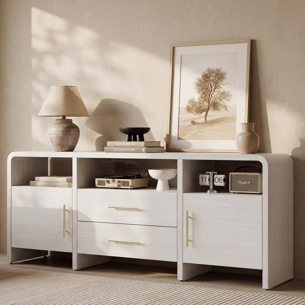 Fatmok 2 Piece Living Room Coffee Table Set, 70" TV Stand with 2 Drawer and 48" Coffee Table with Open Storage Shelf, Modern Curved Wooden Furniture for Living Room,White Wood Grain