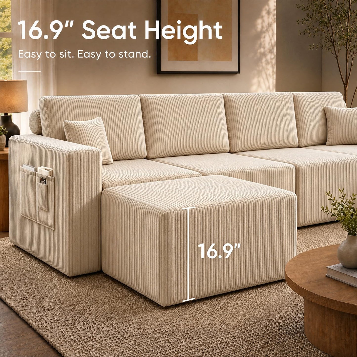 130'' Modular Sectional Couches for Living Room, Deep Seat Corduroy Convertible L Shaped Sofa with 2 Ottomans, Removable Cover, Side Storage Pockets & Adjustable Back Pillows, Beige