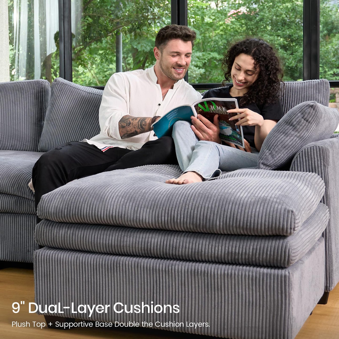 Belffin Large Modular Sectional Sofa with Double Deep Chaise, 135" Corduroy U Shaped Sectional Couch with 9" Soft Dual-Layer 6 Seats U Shaped Couch for Living Room, Apartment, Light Grey