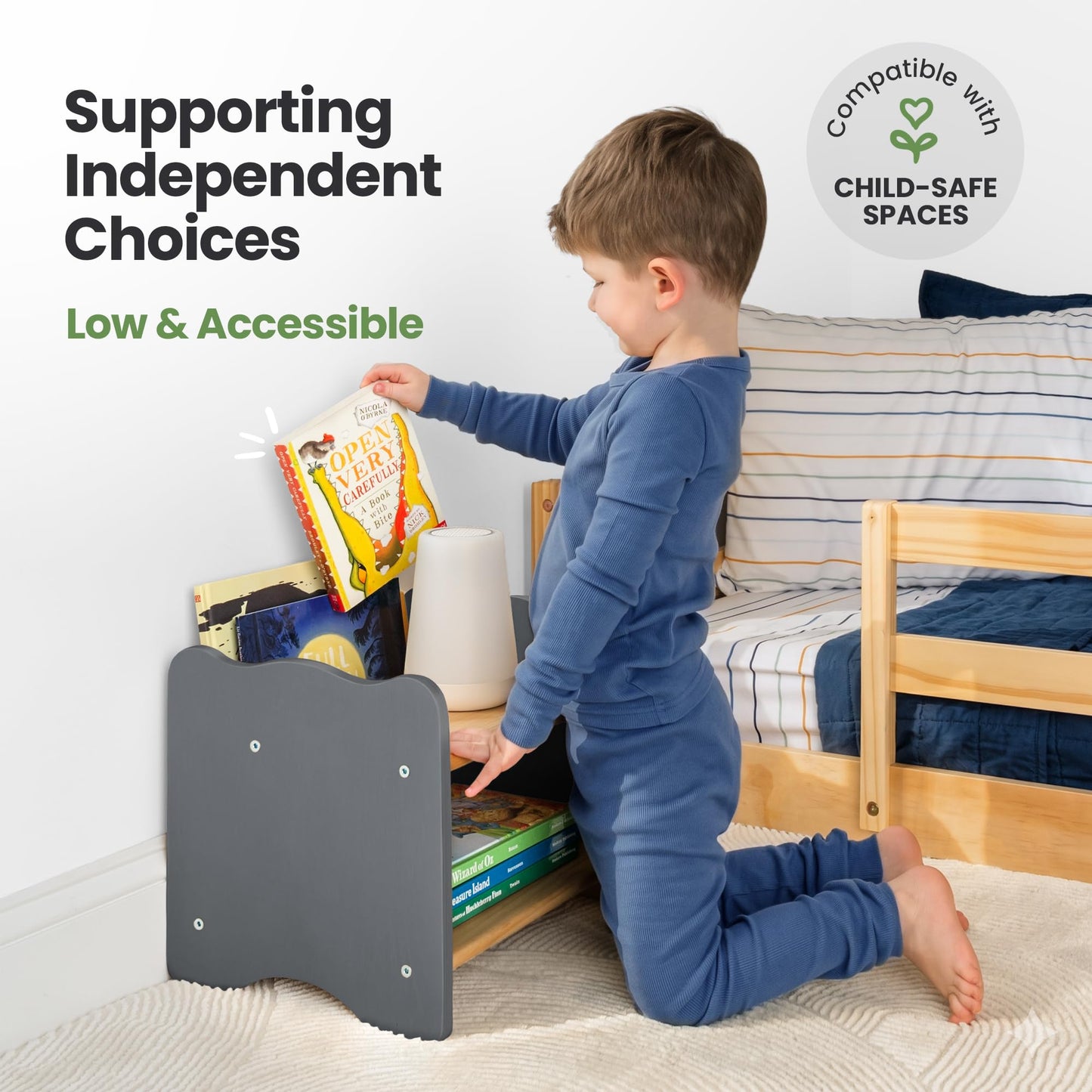 Ocodile Kids Nightstand for Floor Beds, Solid Wood Small Bedside Table with Book Pocket, Low Tiny Nightstand for Nursery, Toddler & Kids Room, Montessori Style Side Table - Gray
