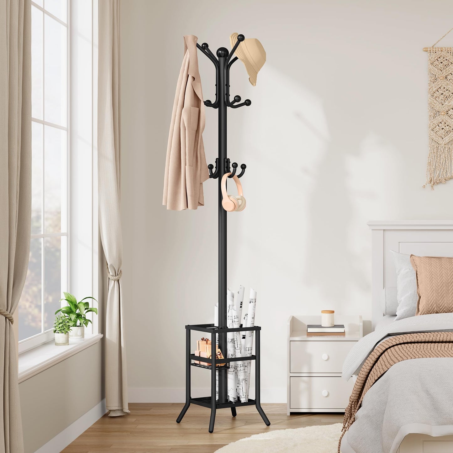 FAVOOSTY Coat Rack Freestanding,Coat Rack Stand with Umbrella Holder,Metal Coat Tree with 12 Hooks,Tree Clothes Hat for Entryway, Hallway, Bedroom, Living Room & Office -Black