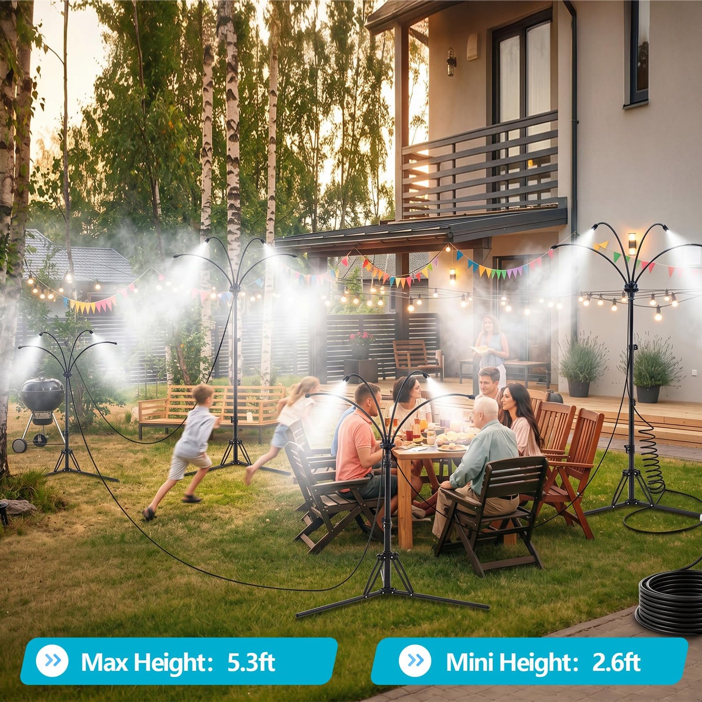 Pickmesh 2 Set Standing Misters for Outside Patio, Adjustable Height 5.3 FT Misting System for Cooling Outdoor, Portable Water Mister with 26FT 360° Flexible Hose & Tripod, for Patio, Backyard, Pool