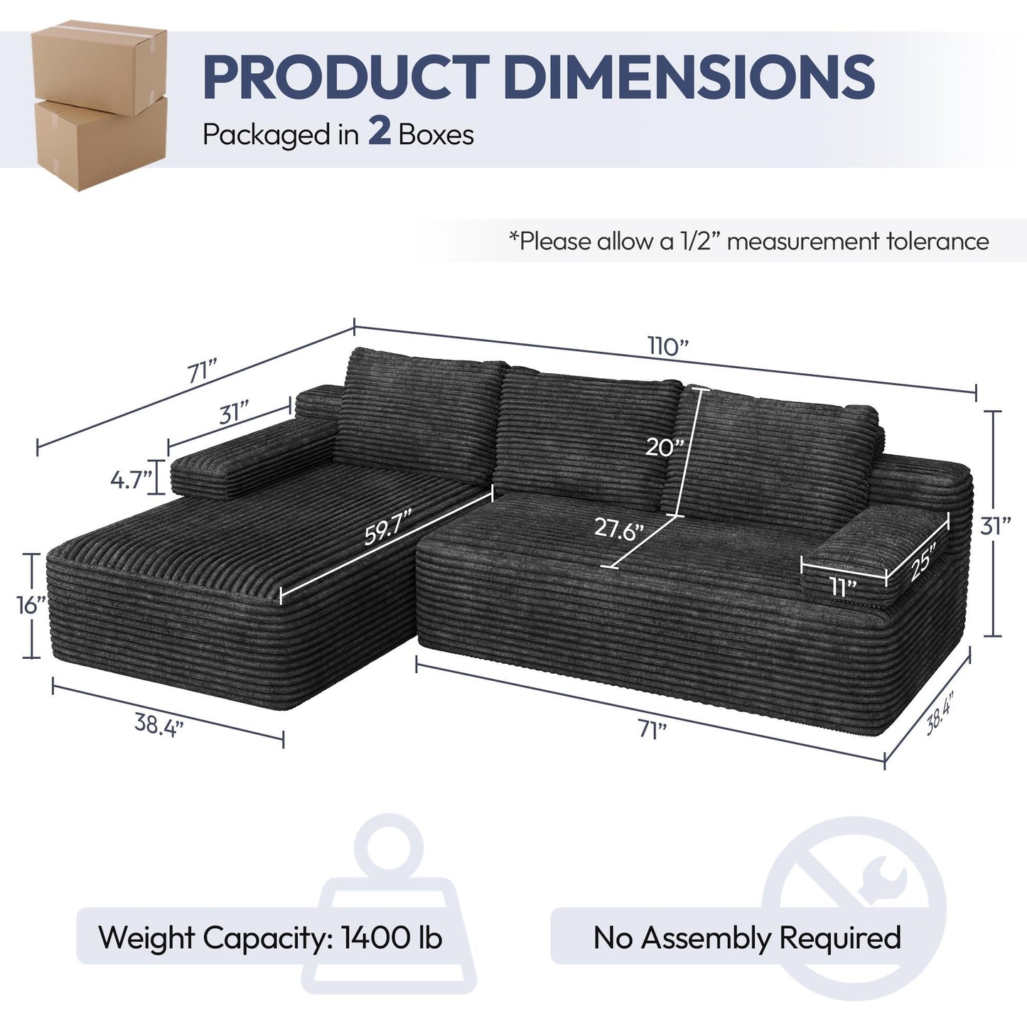 Yaheetech 110" Modular Sectional Sofa Corduroy Boneless Couch with Chaise L-Shape Cloud Couch with Detachable Pillows No Assembly Sofa for Living Room, Dark Gray