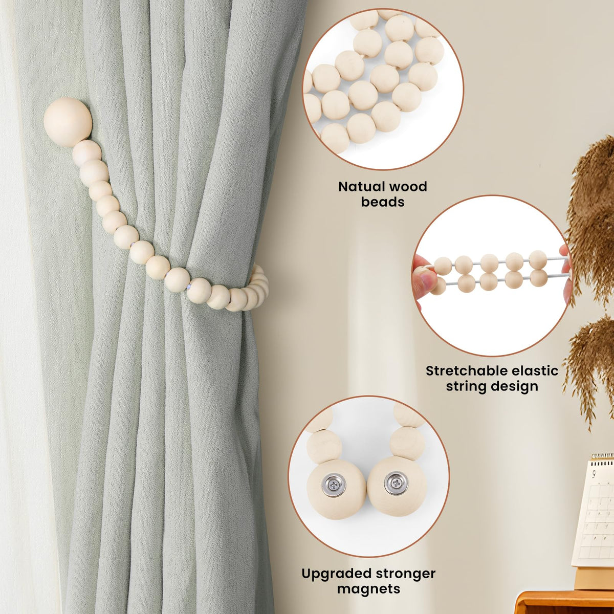 KLOGTSIND Magnetic Curtain Tiebacks, 2 Pack Wood Bead Curtain Holdbacks