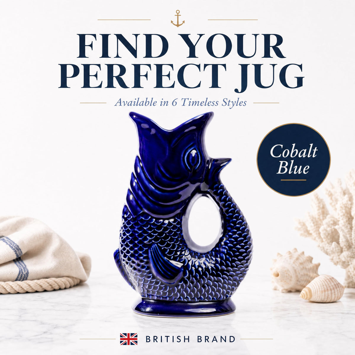 Giggling Grandma Fish Jug 50 fl oz Ceramic Pitcher, Dark Cobalt Blue