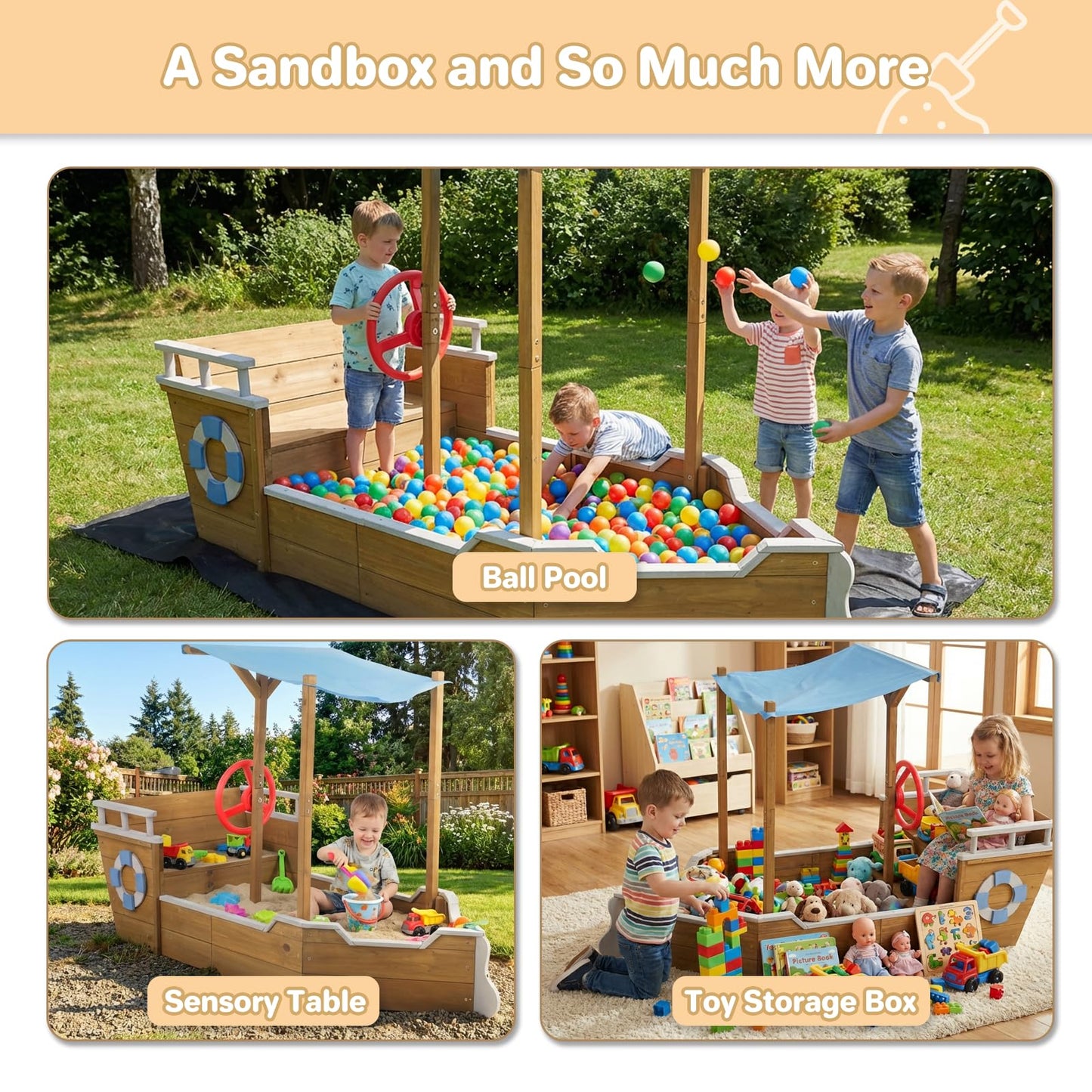 Wooden Kids Sandbox, Ship-Shape Sand Box Toy Box with Bench Seat & Hidden Storage Space, Outdoor Playset, Sand Box Sensory Table for Kids Ages 3-8