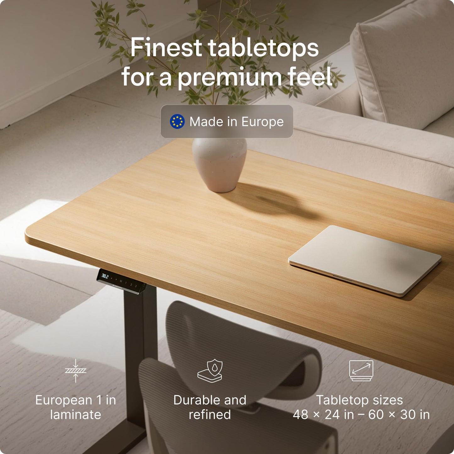 Desktronic HomeOne Standing Desk 54x28 — Ergonomic Sit Stand Home Office Desk, Made in Europe, Electric Dual Motor Height Adjustable, USB & USB-C Charging, Wobble-Free, Touchscreen, 3 Memory Presets