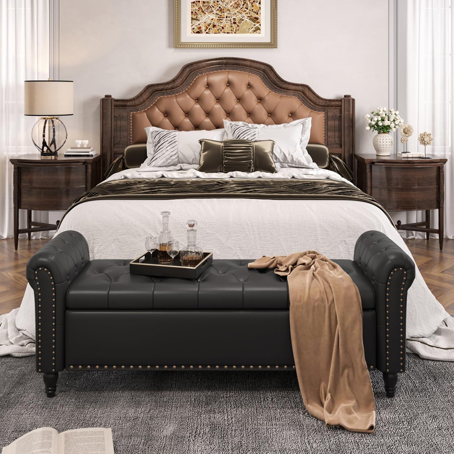 FiveWillowise 65" Bedroom Bench, End of Bed Bench with Storage, Black