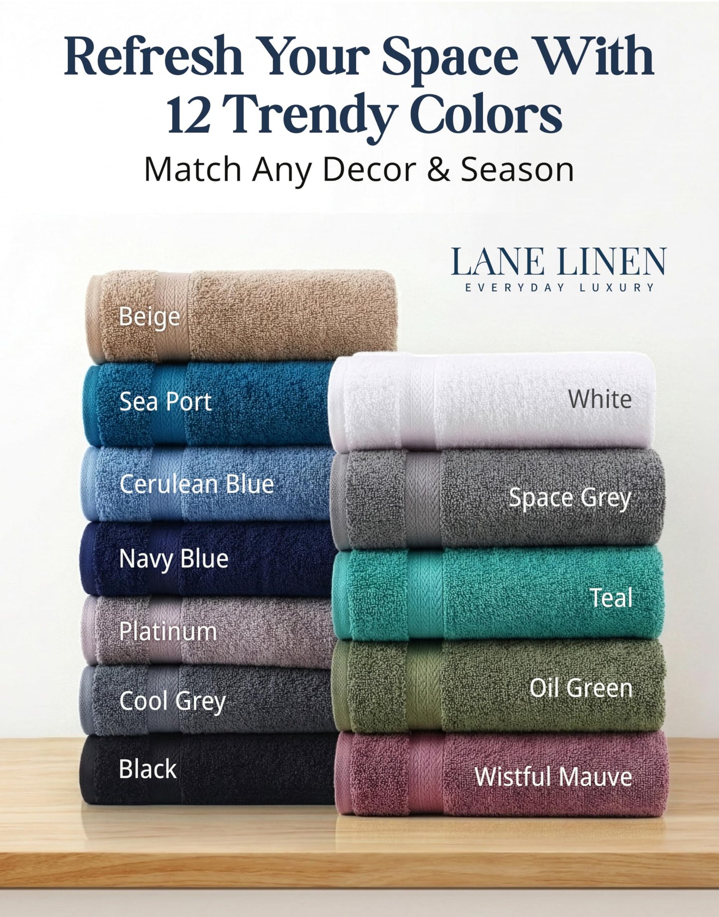 LANE LINEN 100% Cotton Bath Towels Set - 24 PCs - Durable, Quick Dry, Super Soft & Highly Absorbent - 4 Bath, 4 Fingertip, 6 Hand Towels, 8 Washcloths, 2 Bath Sheets - Perfect Family Set - Cool Grey