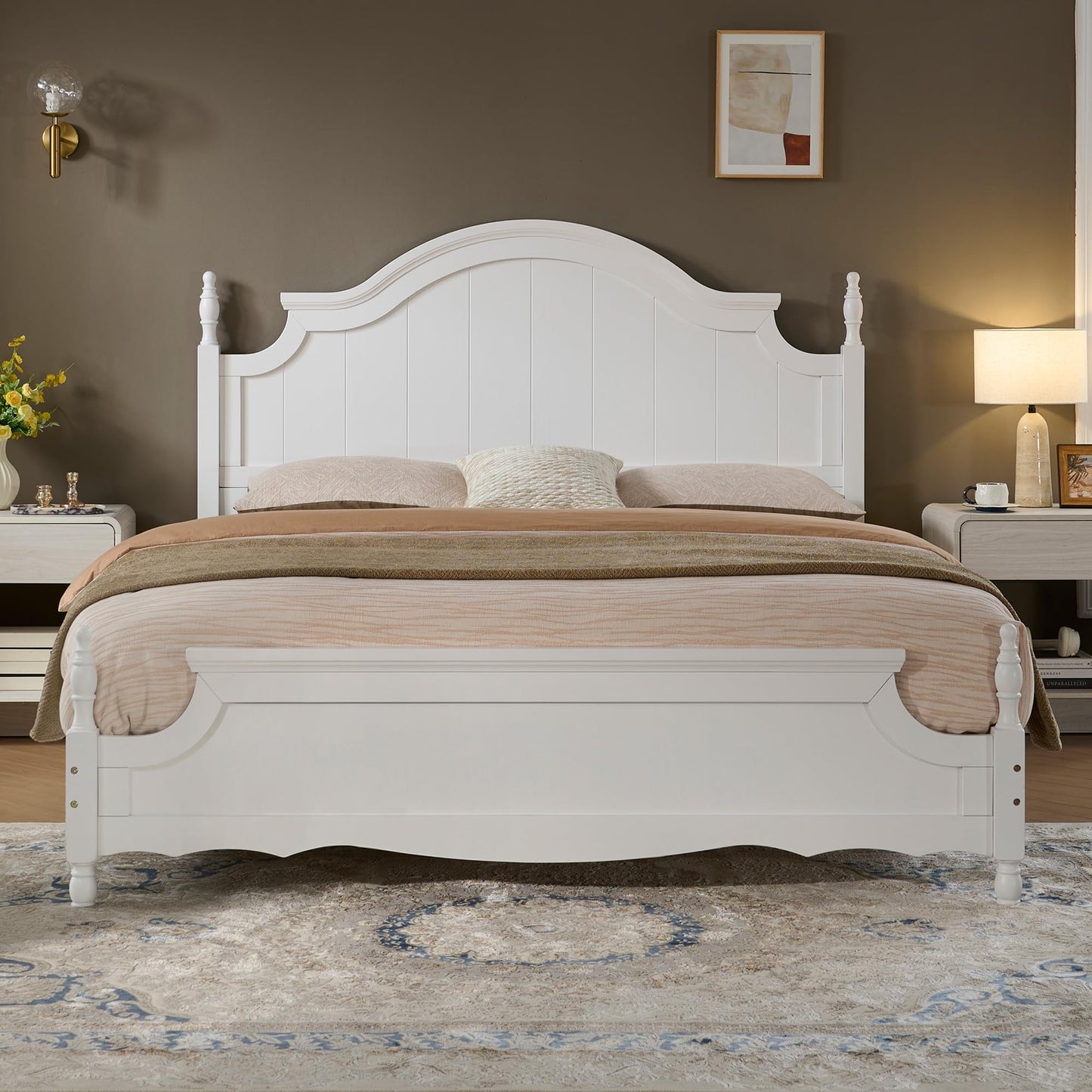 LUXOAK California King Solid Wood Poster Bed, 55" Arched Headboard, White