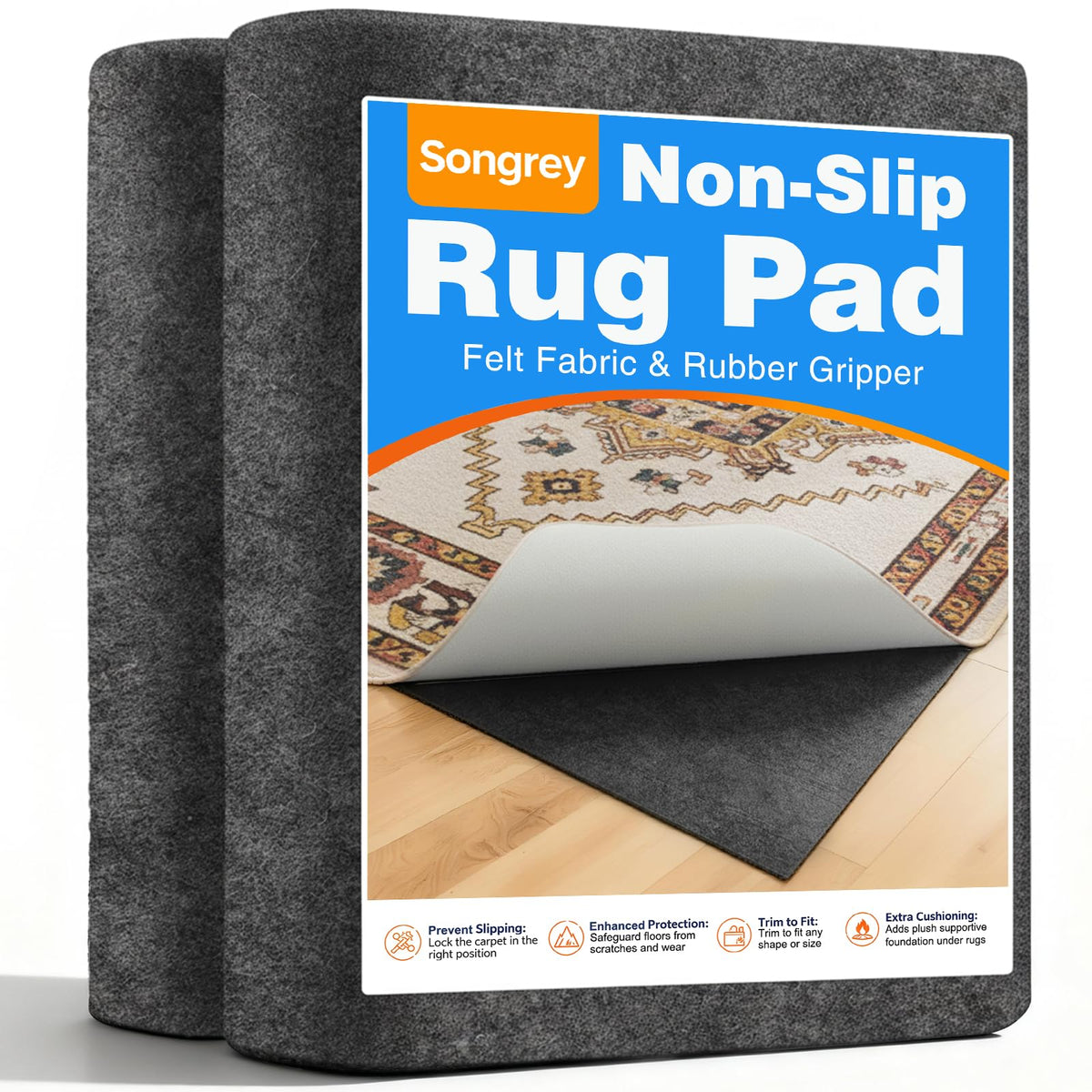 Songrey 8'x10' Non‑Slip Rug Pad, 1/8" Thick Cushioned